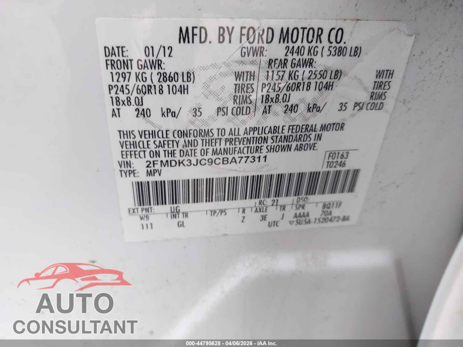 FORD EDGE 2012 - 2FMDK3JC9CBA77311