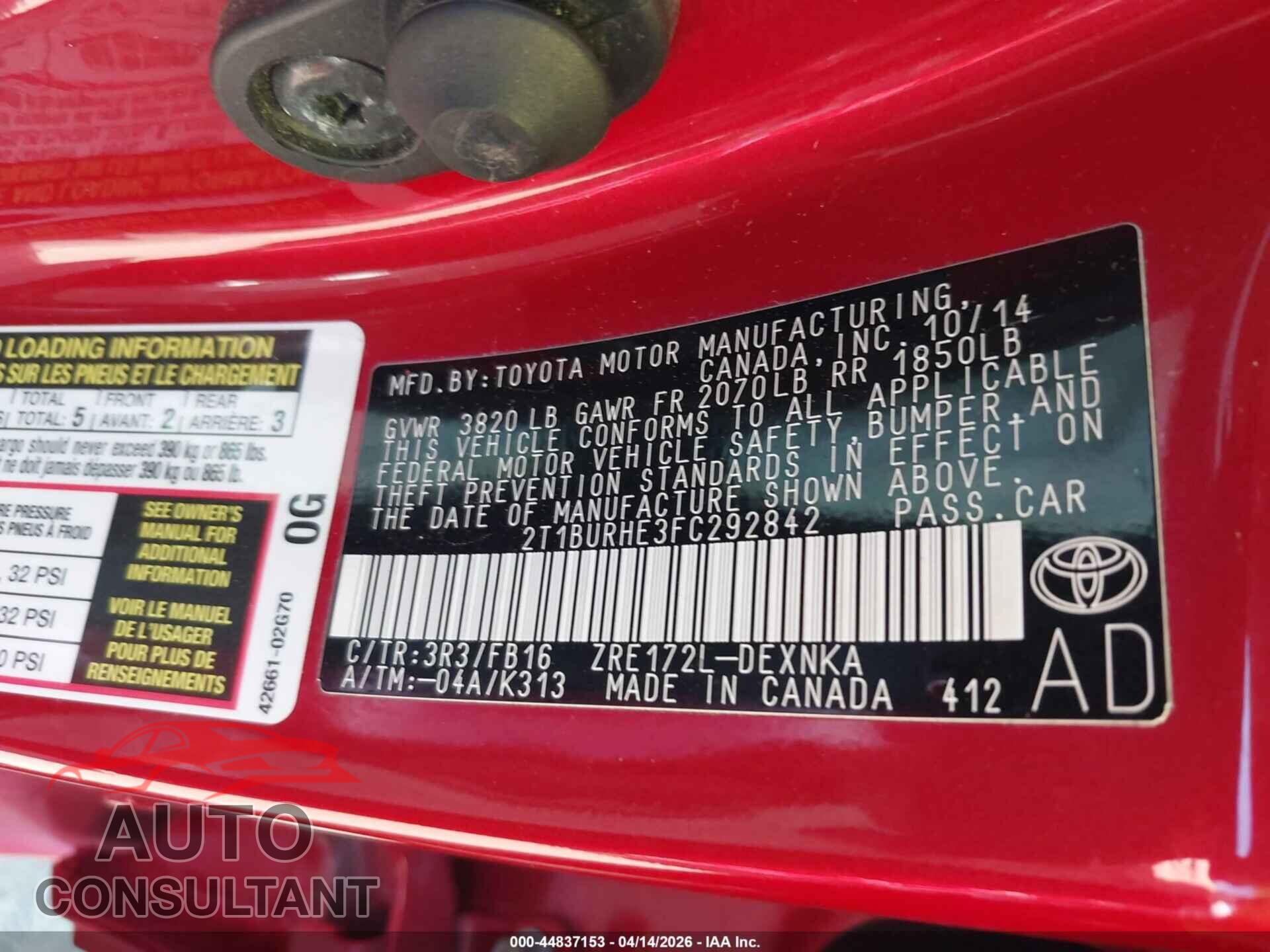 TOYOTA COROLLA 2015 - 2T1BURHE3FC292842