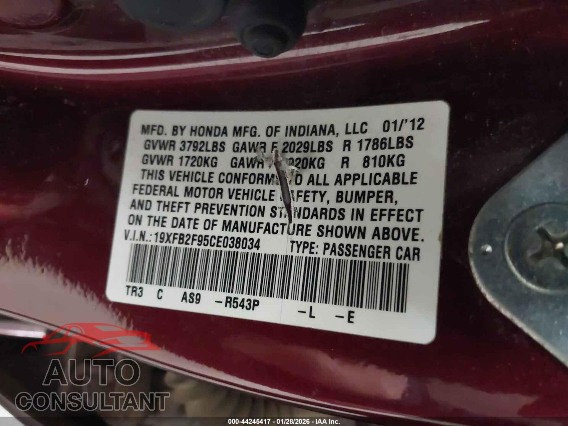 HONDA CIVIC 2012 - 19XFB2F95CE038034