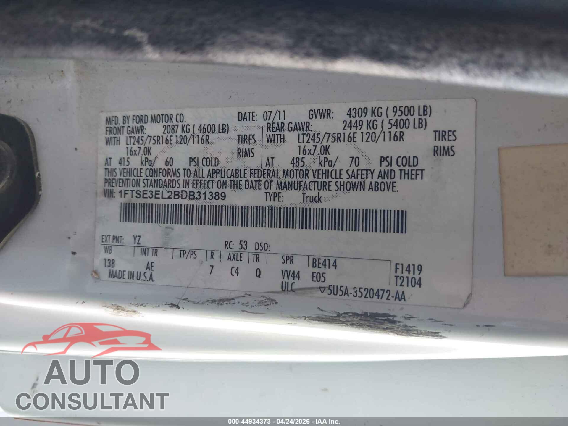 FORD E-350 SUPER DUTY 2011 - 1FTSE3EL2BDB31389