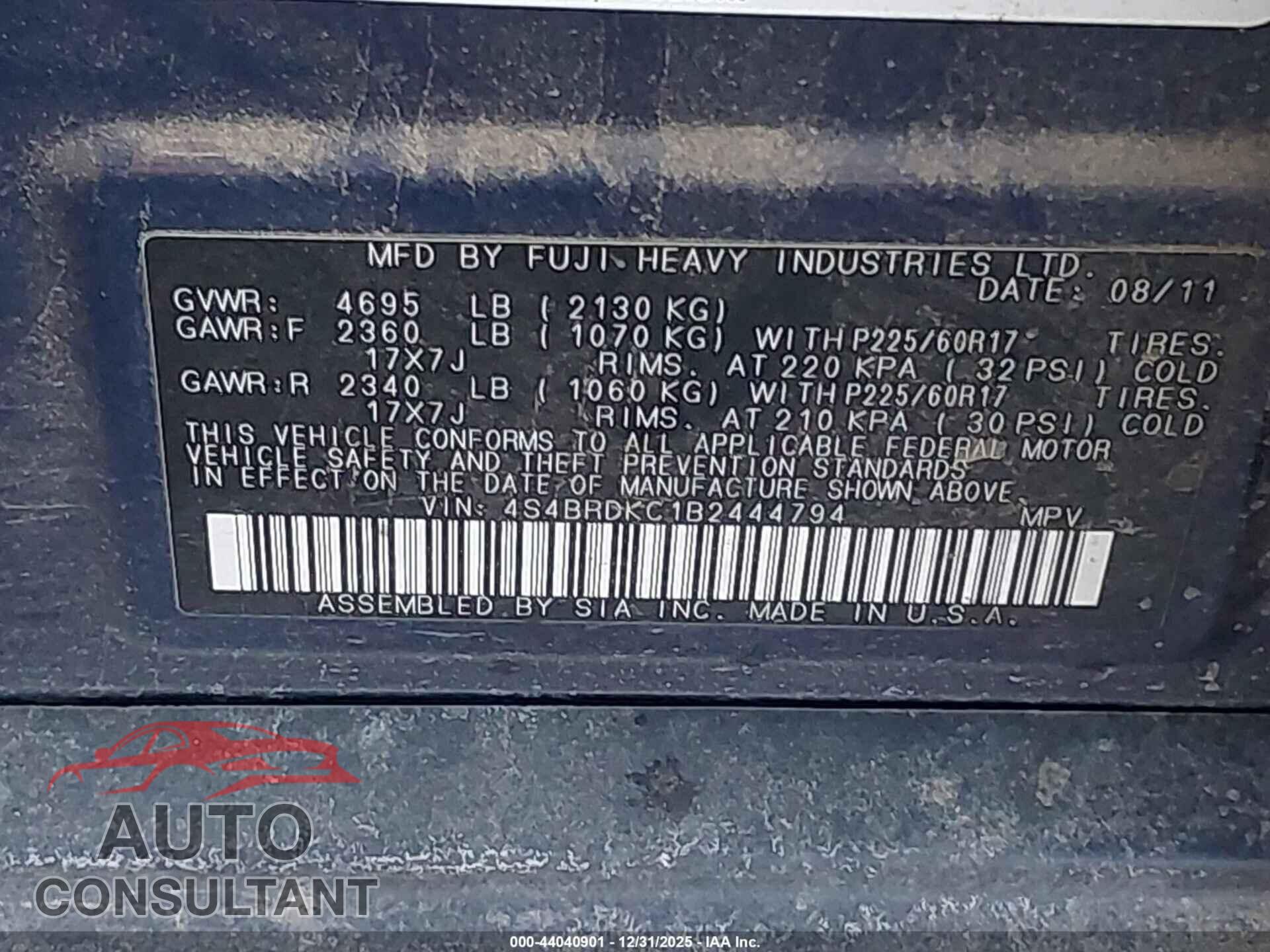 SUBARU OUTBACK 2011 - 4S4BRDKC1B2444794