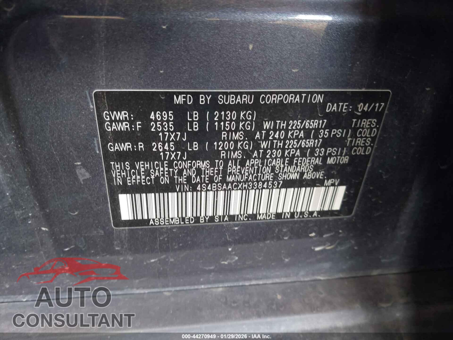 SUBARU OUTBACK 2017 - 4S4BSAACXH3384537