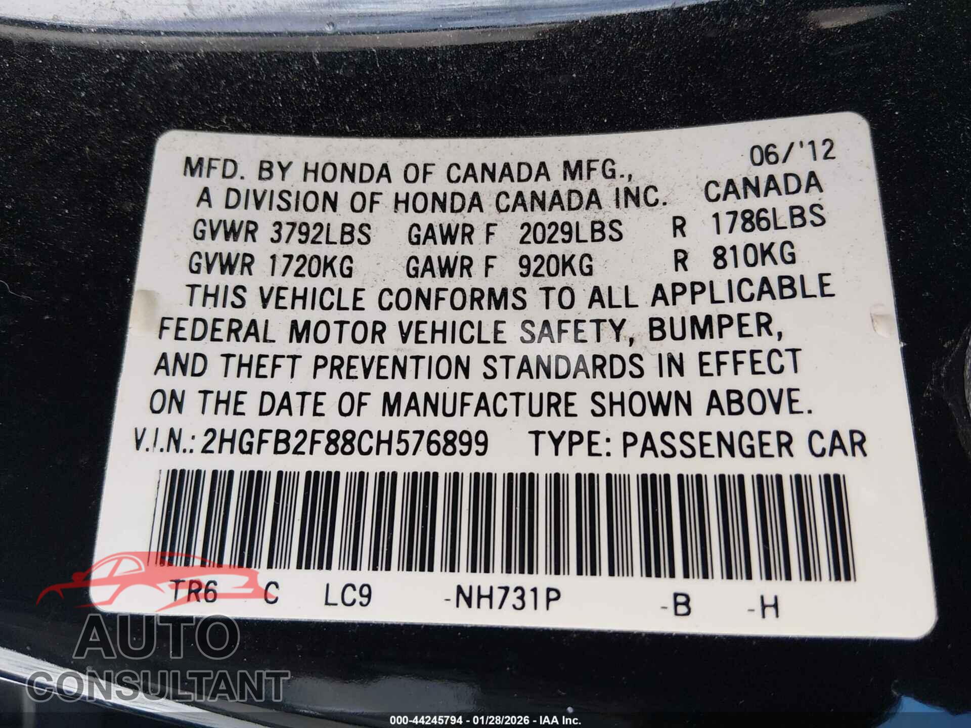 HONDA CIVIC 2012 - 2HGFB2F88CH576899