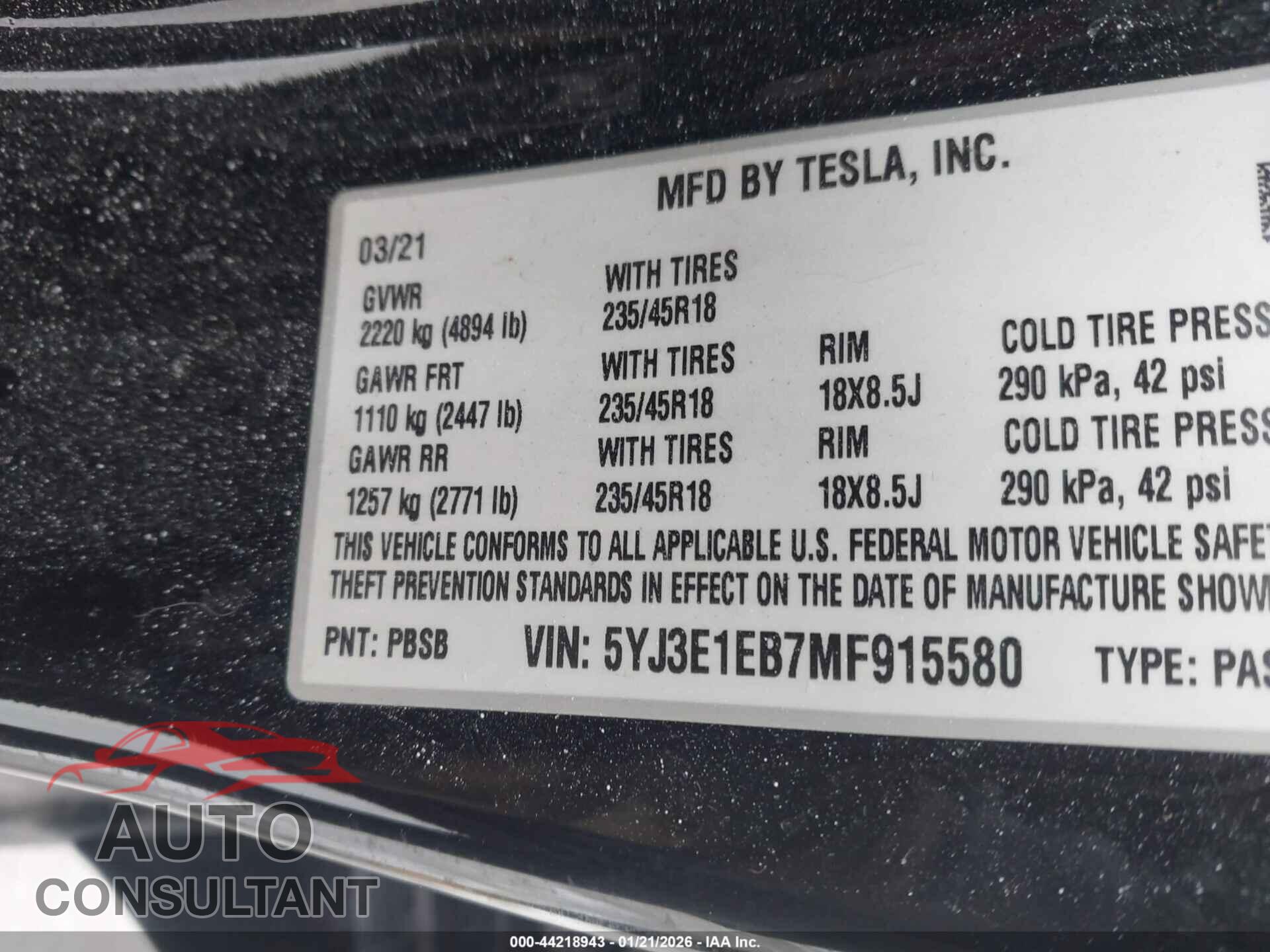 TESLA MODEL 3 2021 - 5YJ3E1EB7MF915580