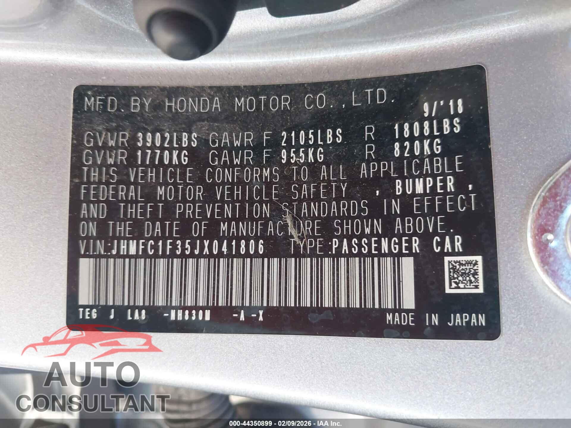 HONDA CIVIC 2018 - JHMFC1F35JX041806