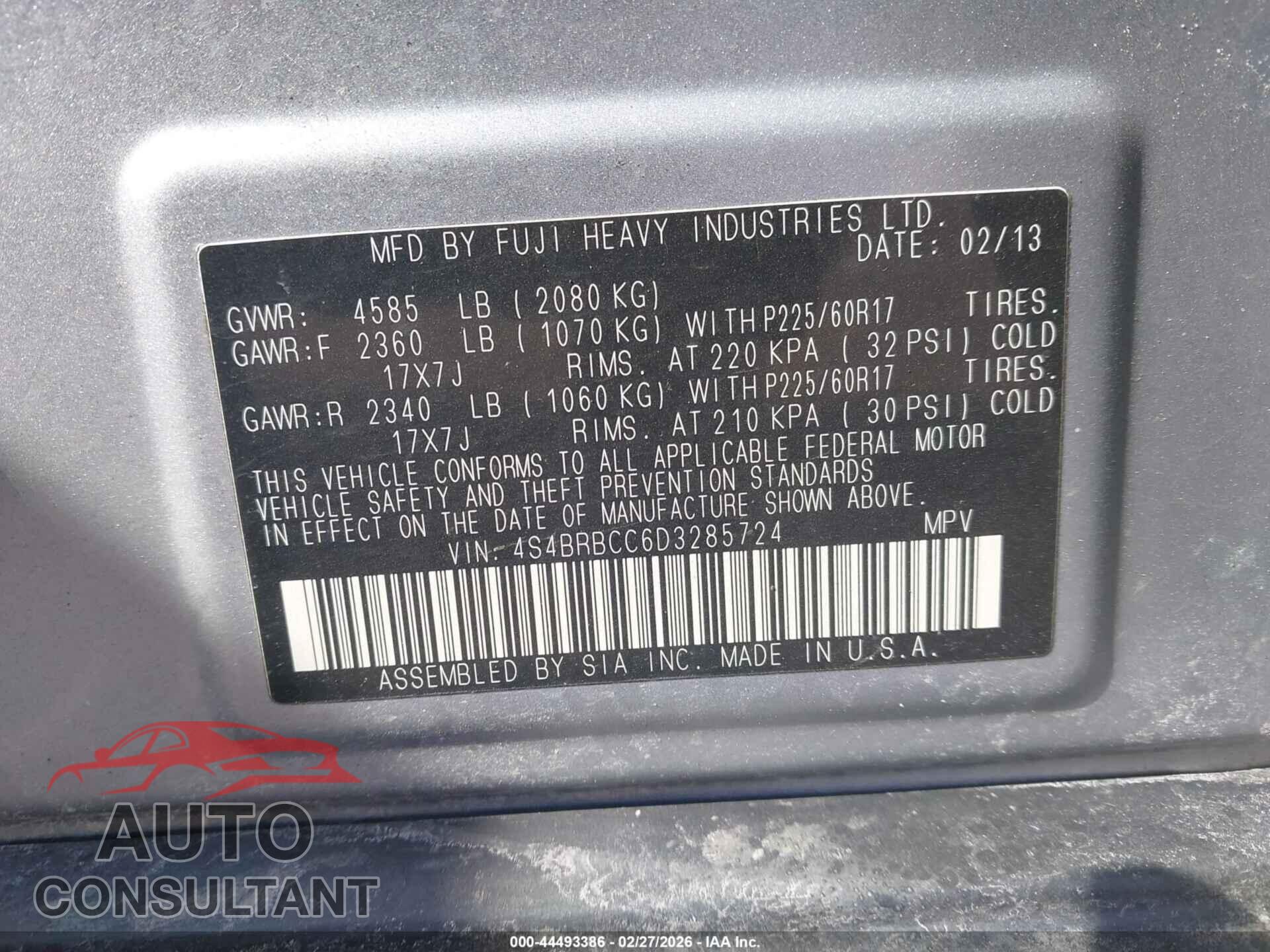 SUBARU OUTBACK 2013 - 4S4BRBCC6D3285724