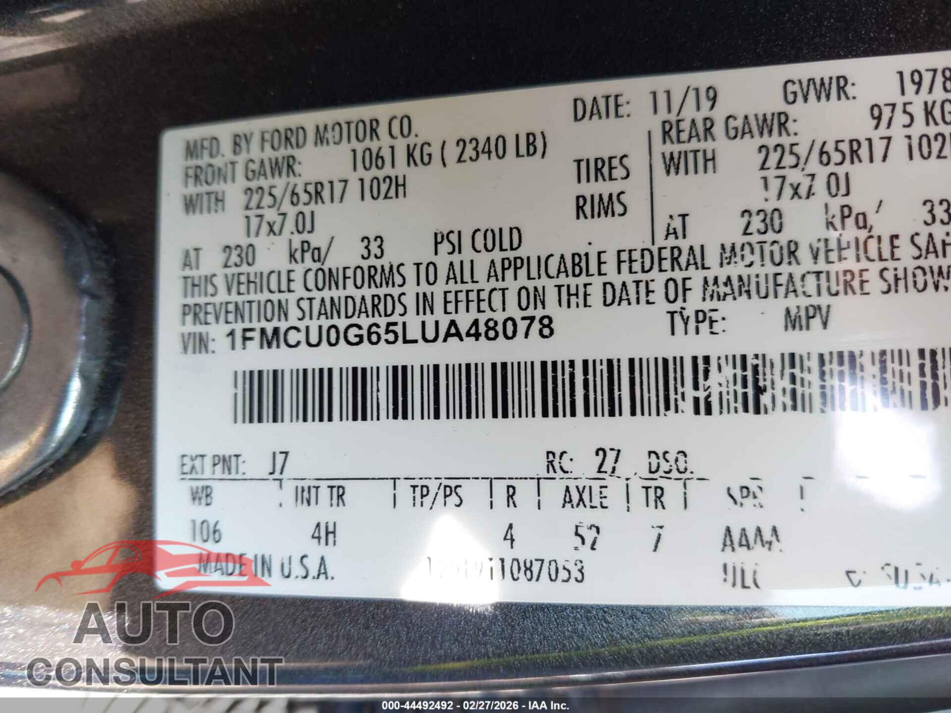 FORD ESCAPE 2020 - 1FMCU0G65LUA48078