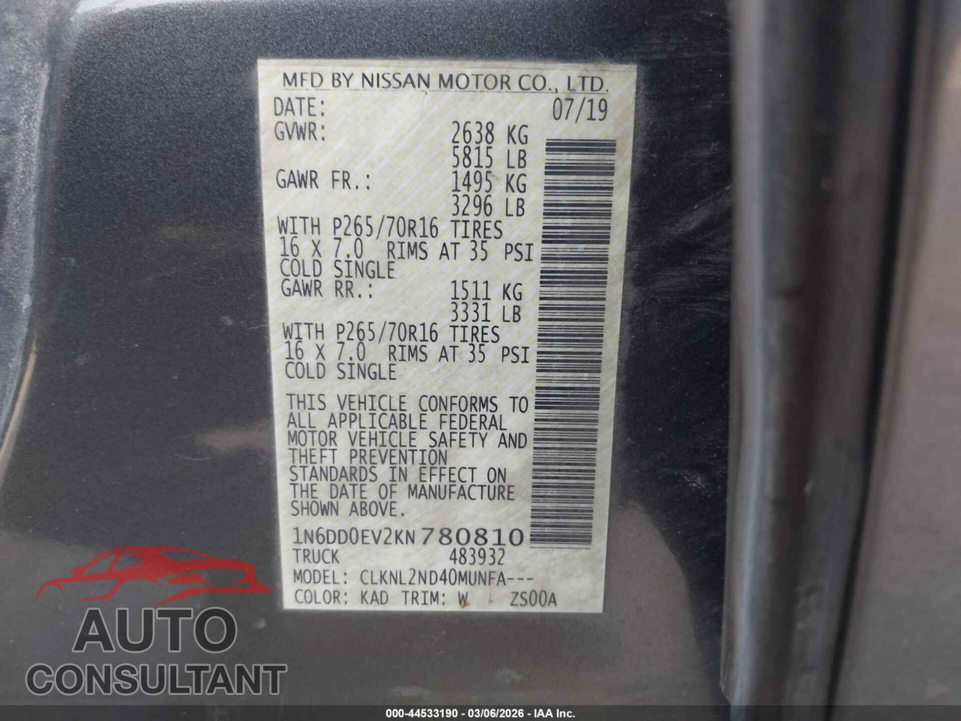 NISSAN FRONTIER 2019 - 1N6DD0EV2KN780810