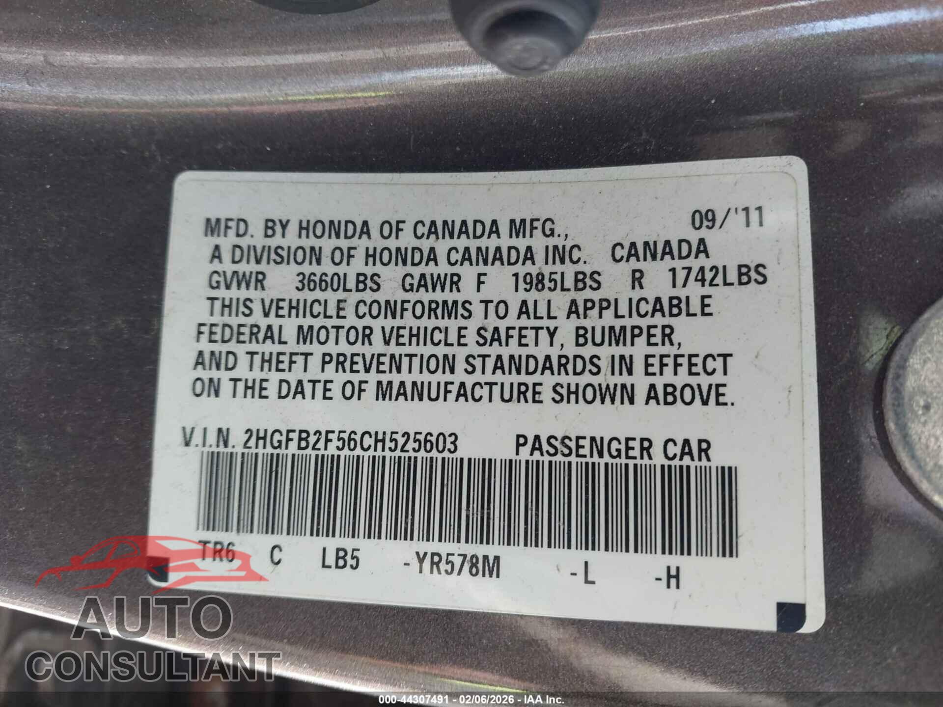 HONDA CIVIC 2012 - 2HGFB2F56CH525603
