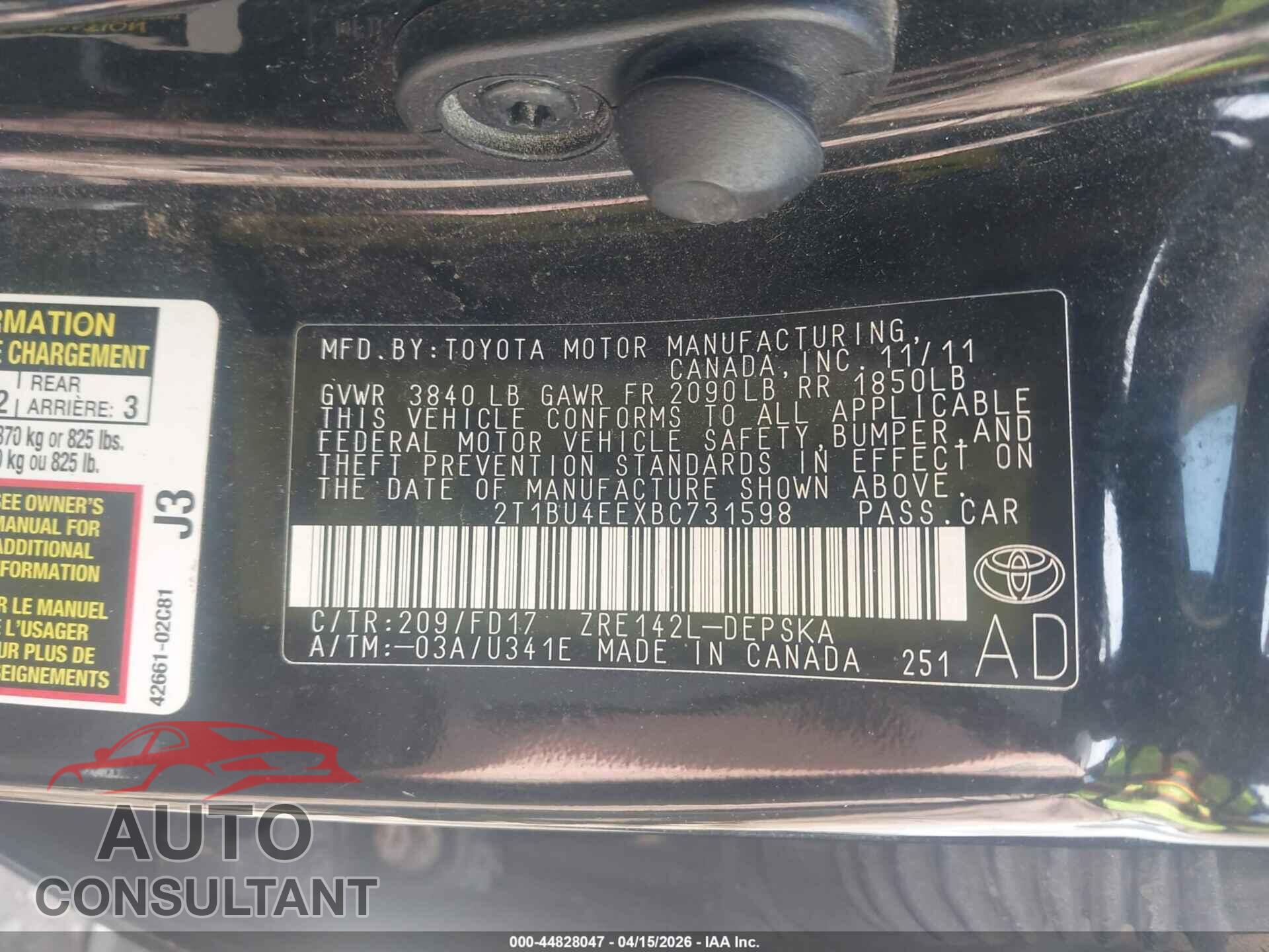 TOYOTA COROLLA 2011 - 2T1BU4EEXBC731598