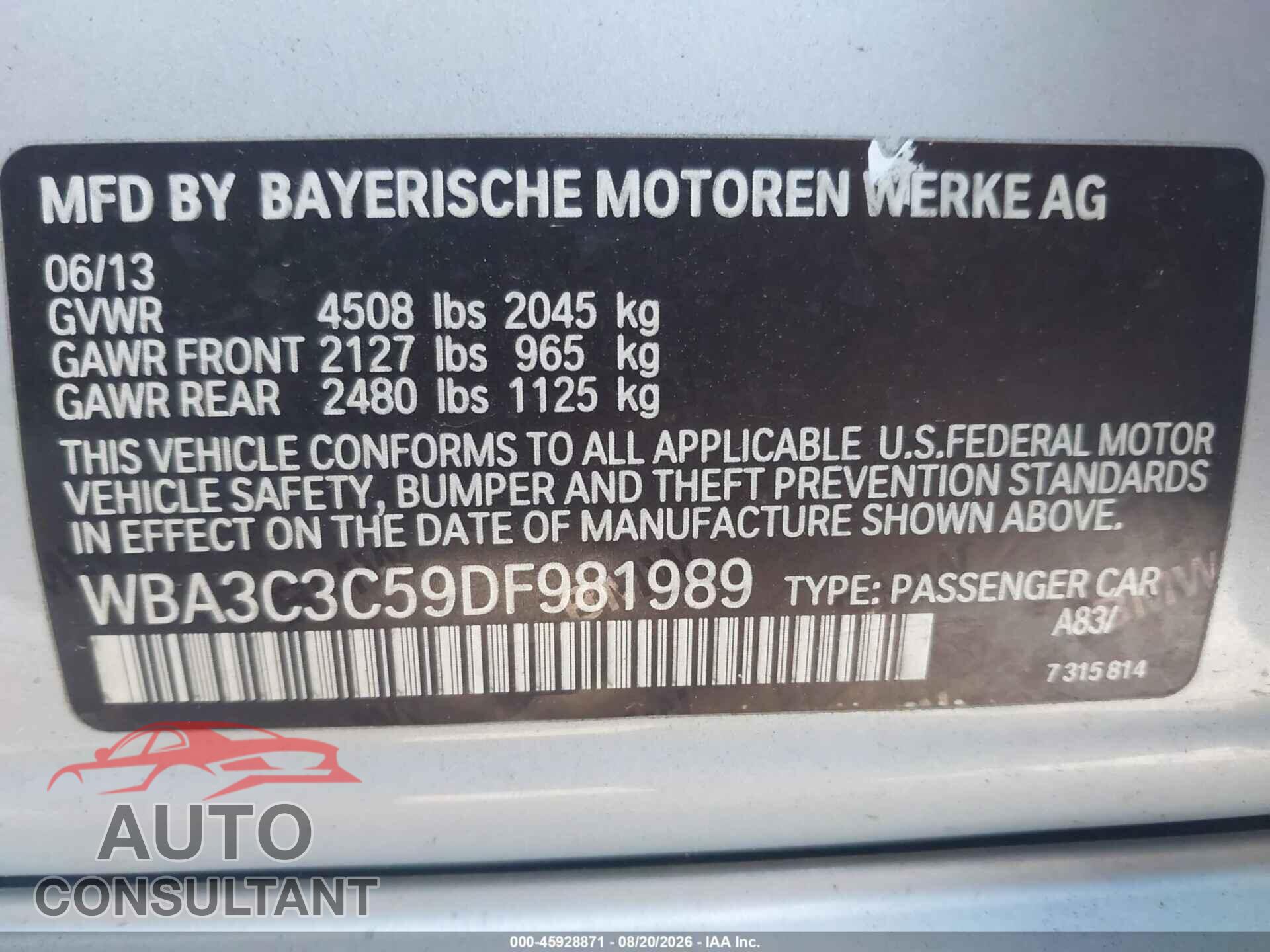 BMW 320I 2013 - WBA3C3C59DF981989