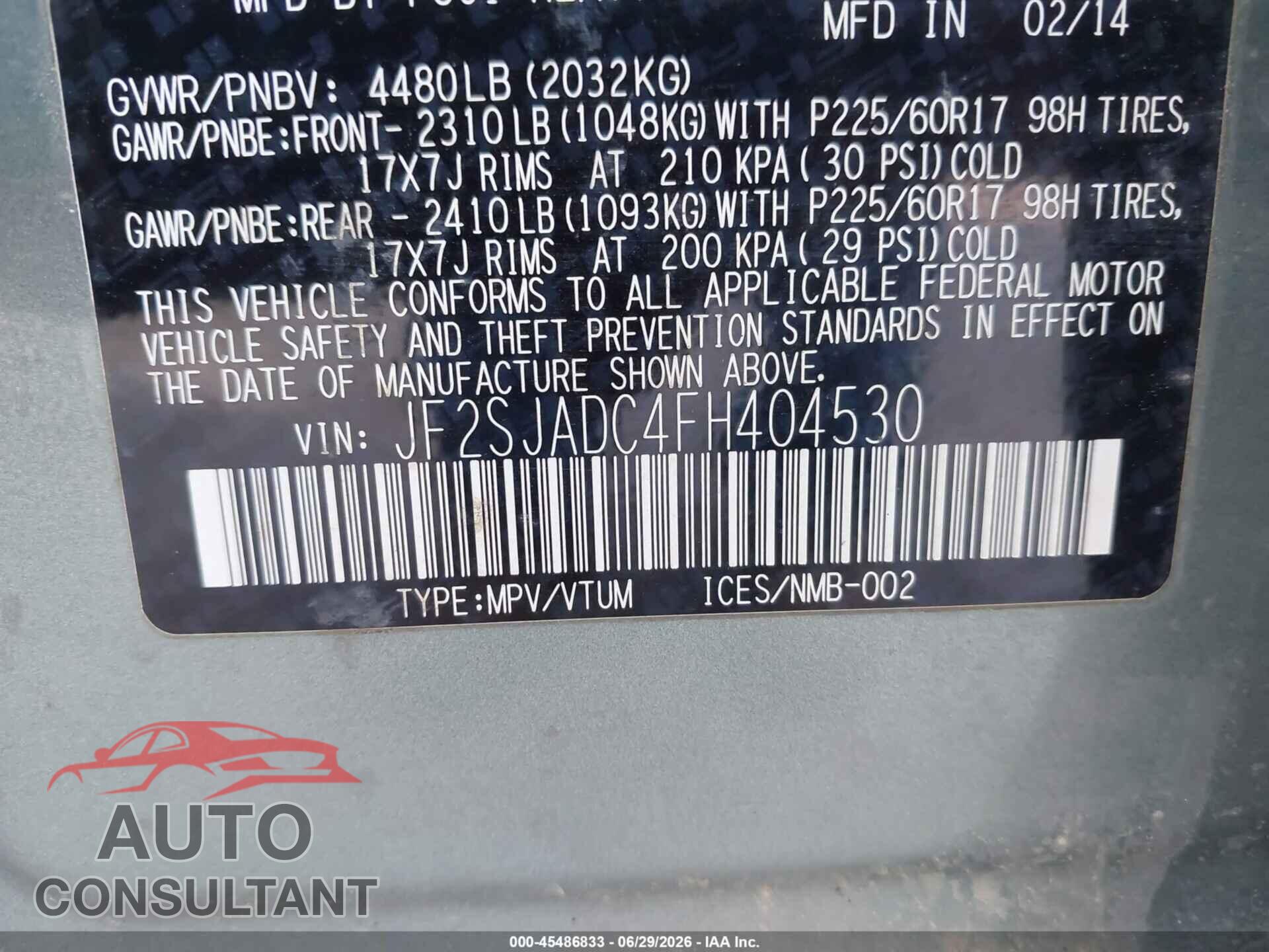 SUBARU FORESTER 2015 - JF2SJADC4FH404530