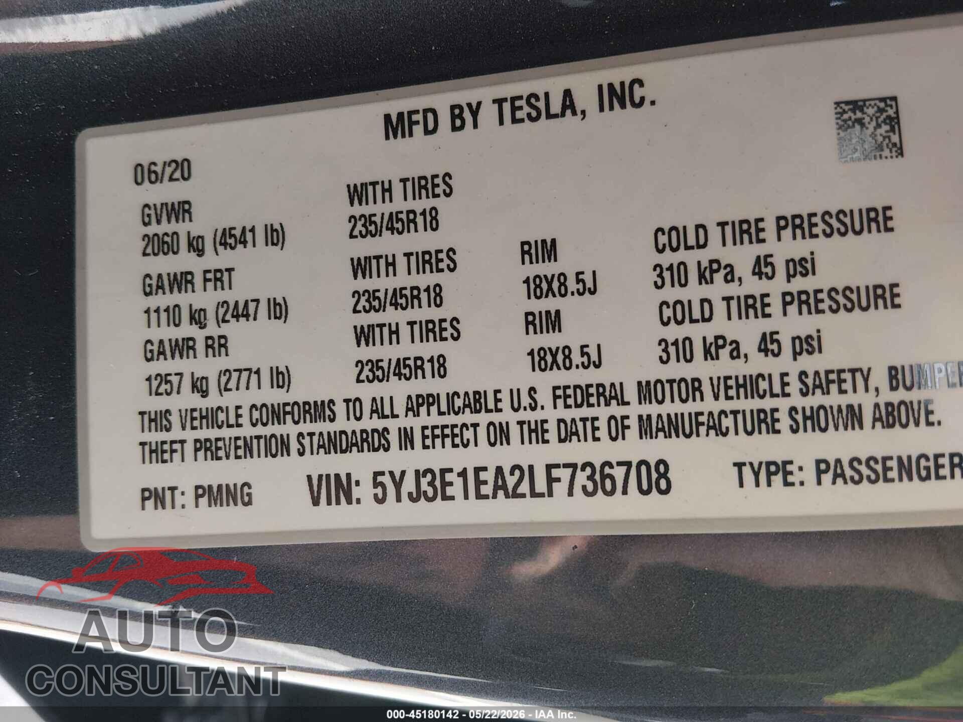 TESLA MODEL 3 2020 - 5YJ3E1EA2LF736708