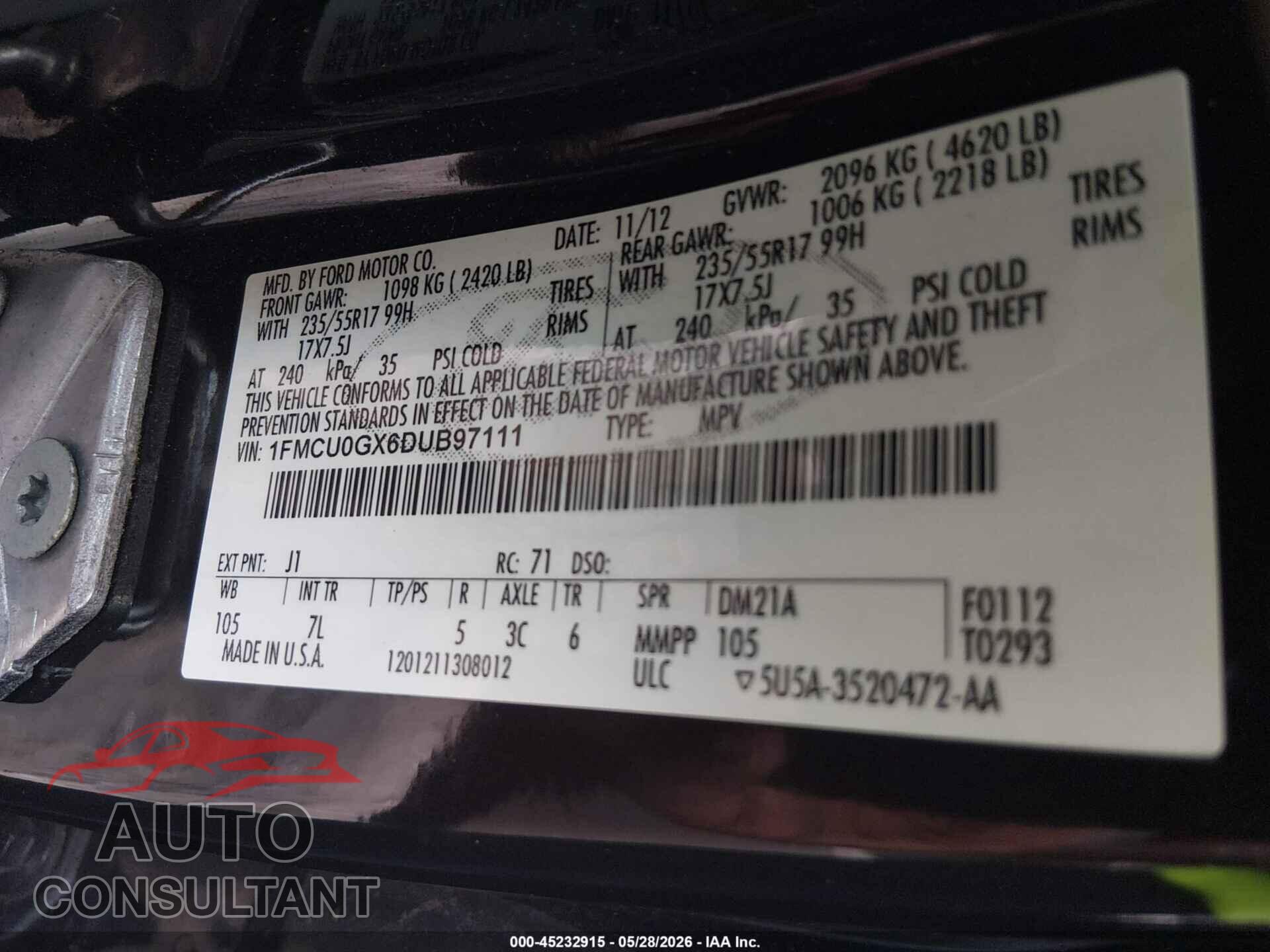 FORD ESCAPE 2013 - 1FMCU0GX6DUB97111