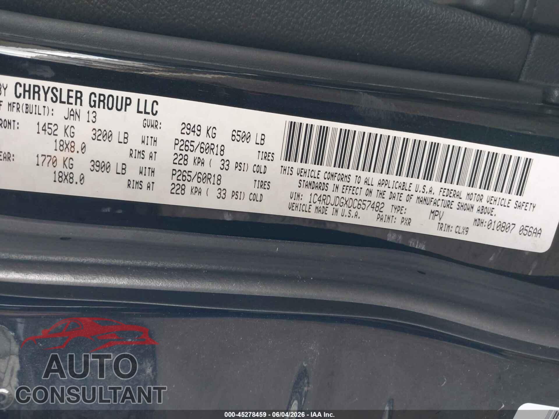 DODGE DURANGO 2013 - 1C4RDJDGXDC657482