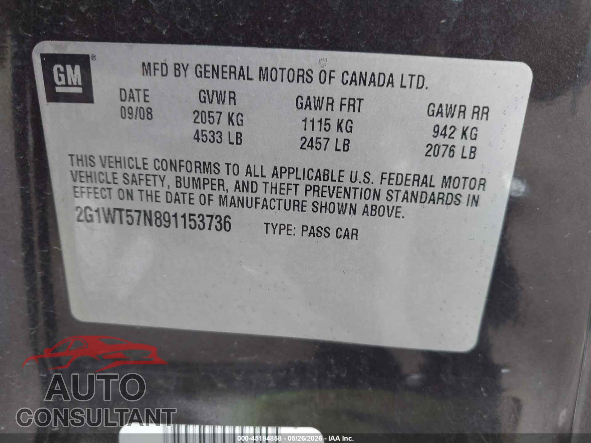 CHEVROLET IMPALA 2009 - 2G1WT57N891153736