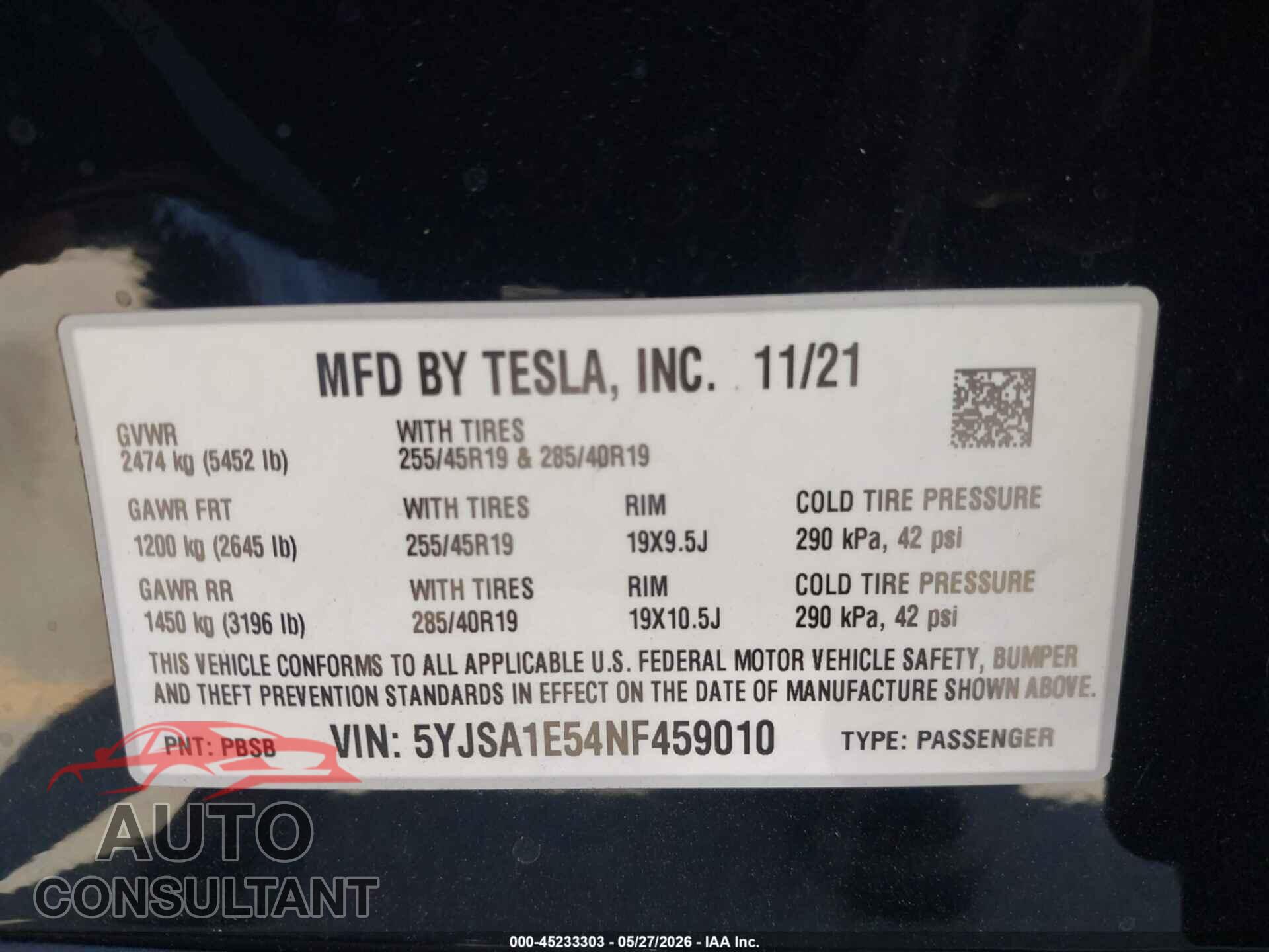 TESLA MODEL S 2022 - 5YJSA1E54NF459010