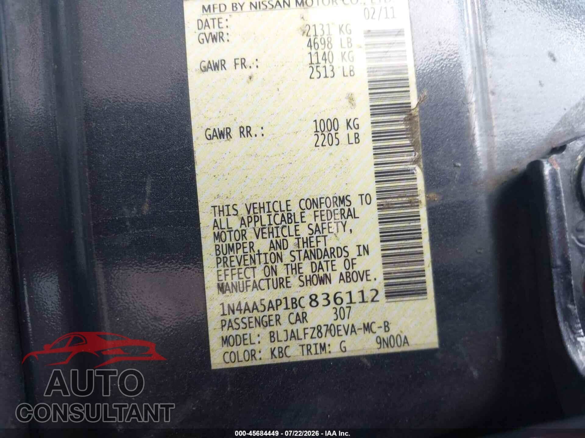 NISSAN MAXIMA 2011 - 1N4AA5AP1BC836112