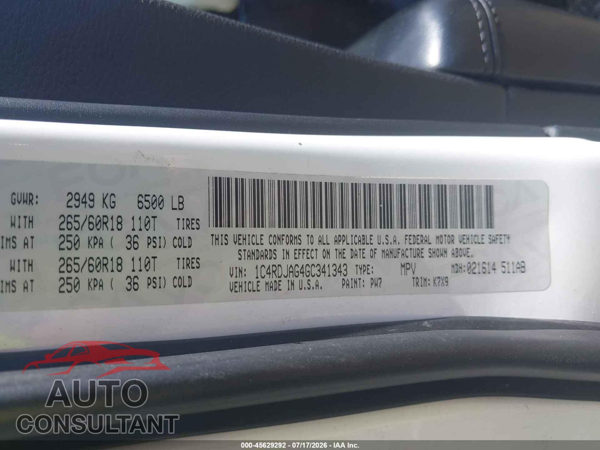 DODGE DURANGO 2016 - 1C4RDJAG4GC341343