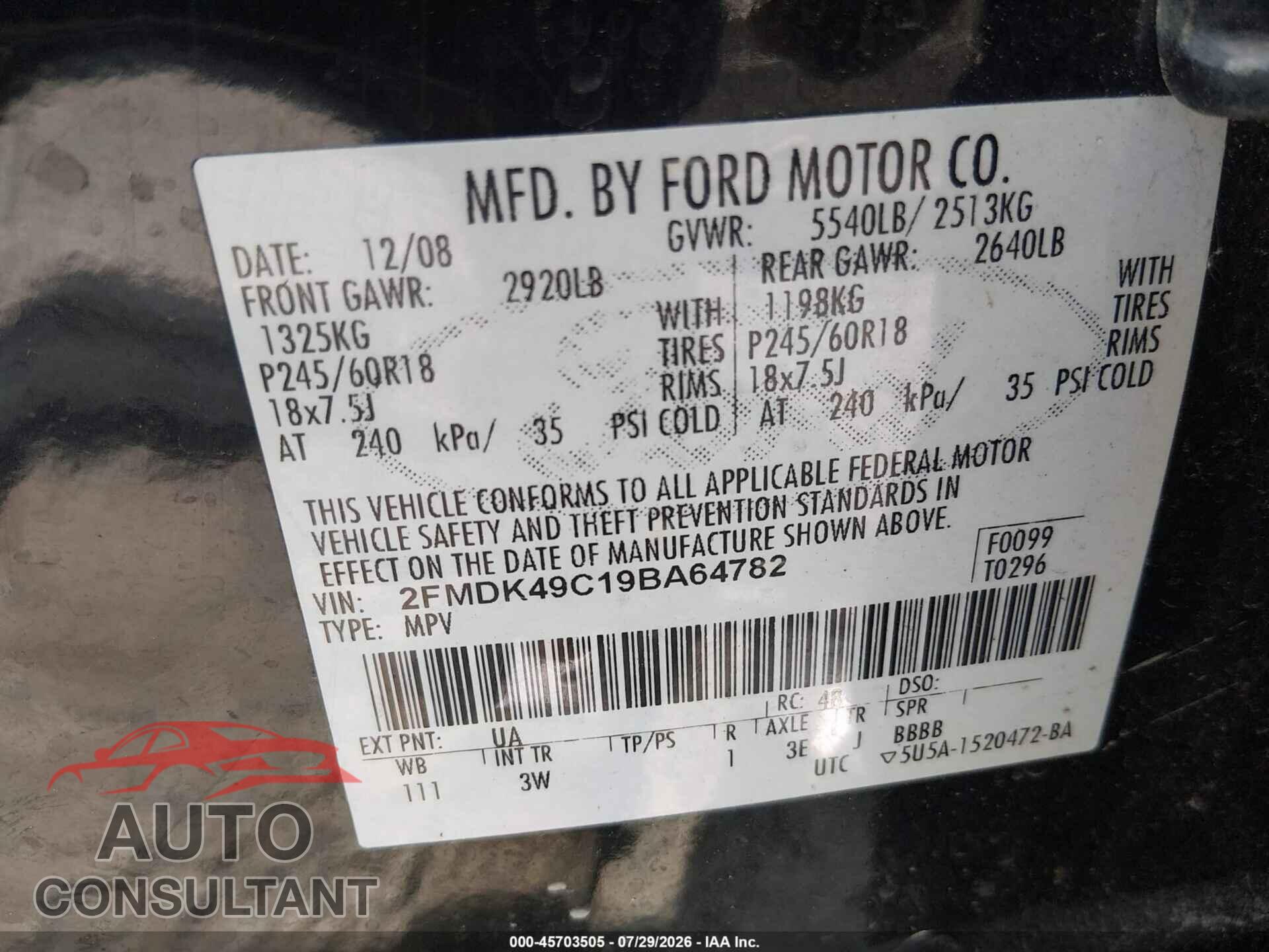 FORD EDGE 2009 - 2FMDK49C19BA64782
