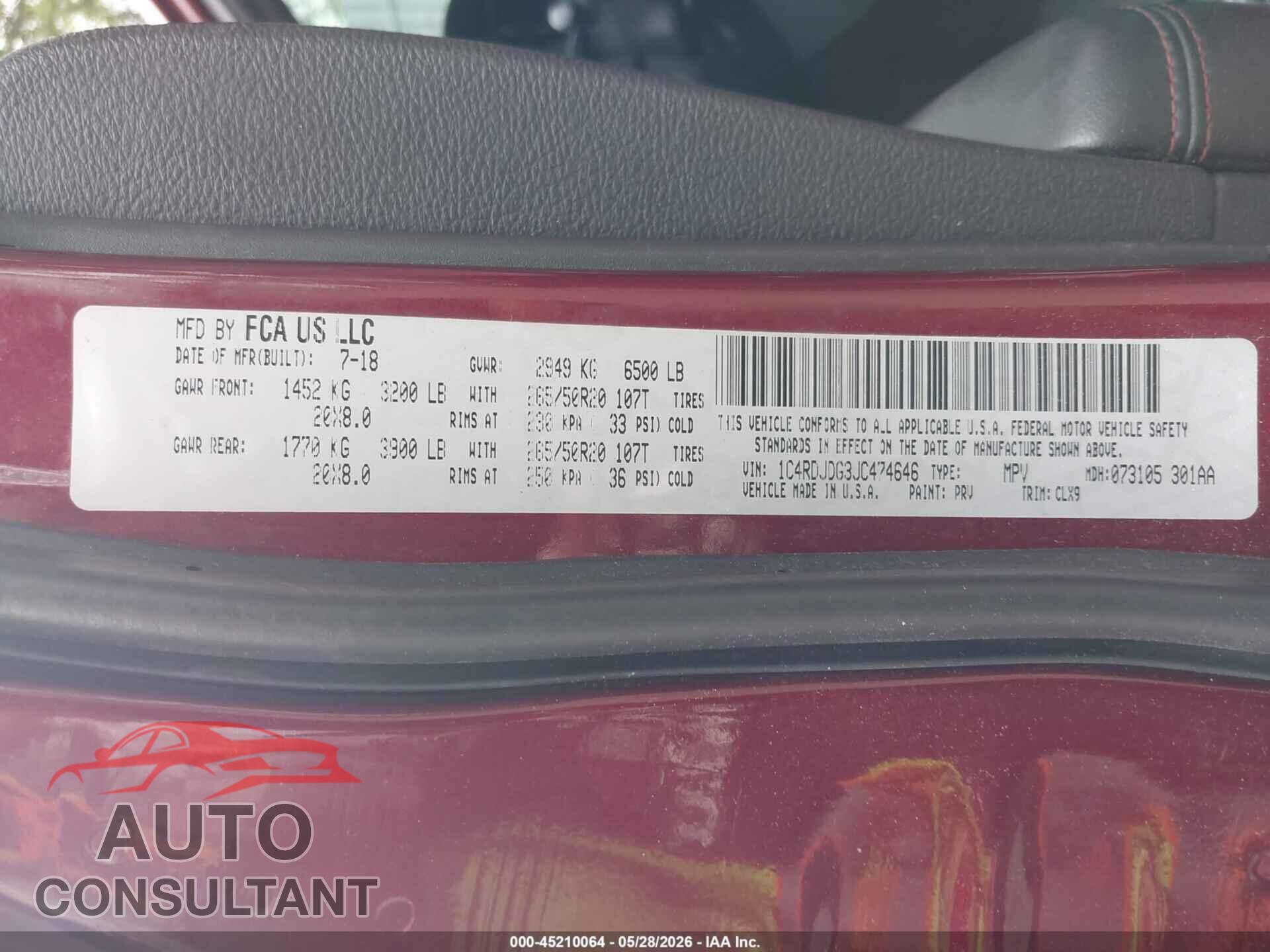 DODGE DURANGO 2018 - 1C4RDJDG3JC474646