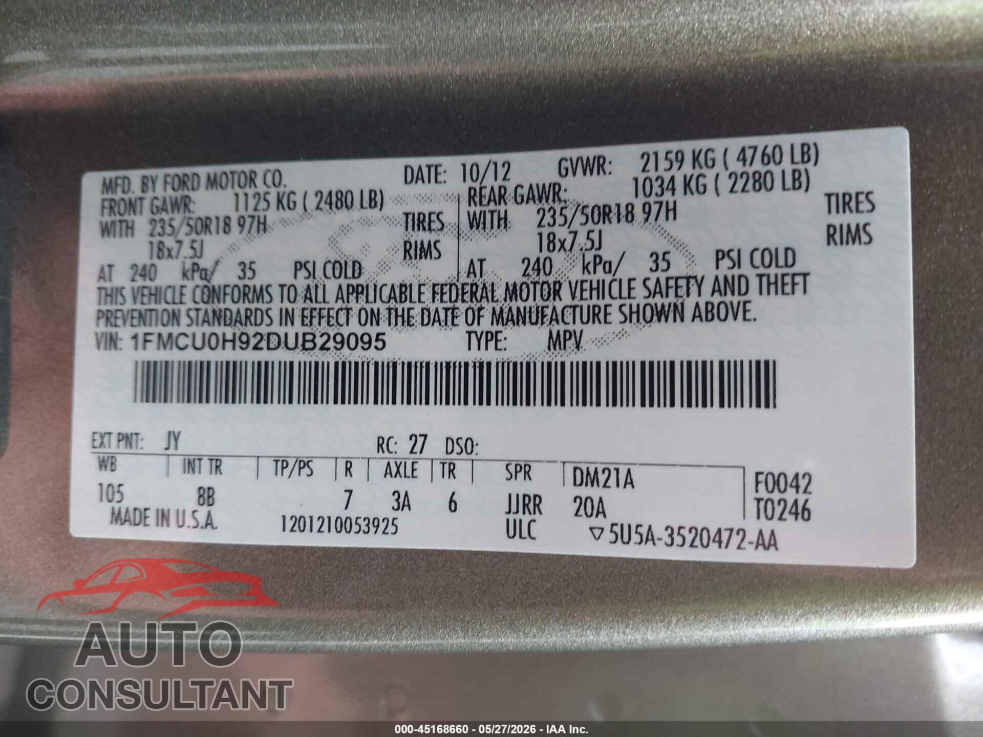 FORD ESCAPE 2013 - 1FMCU0H92DUB29095