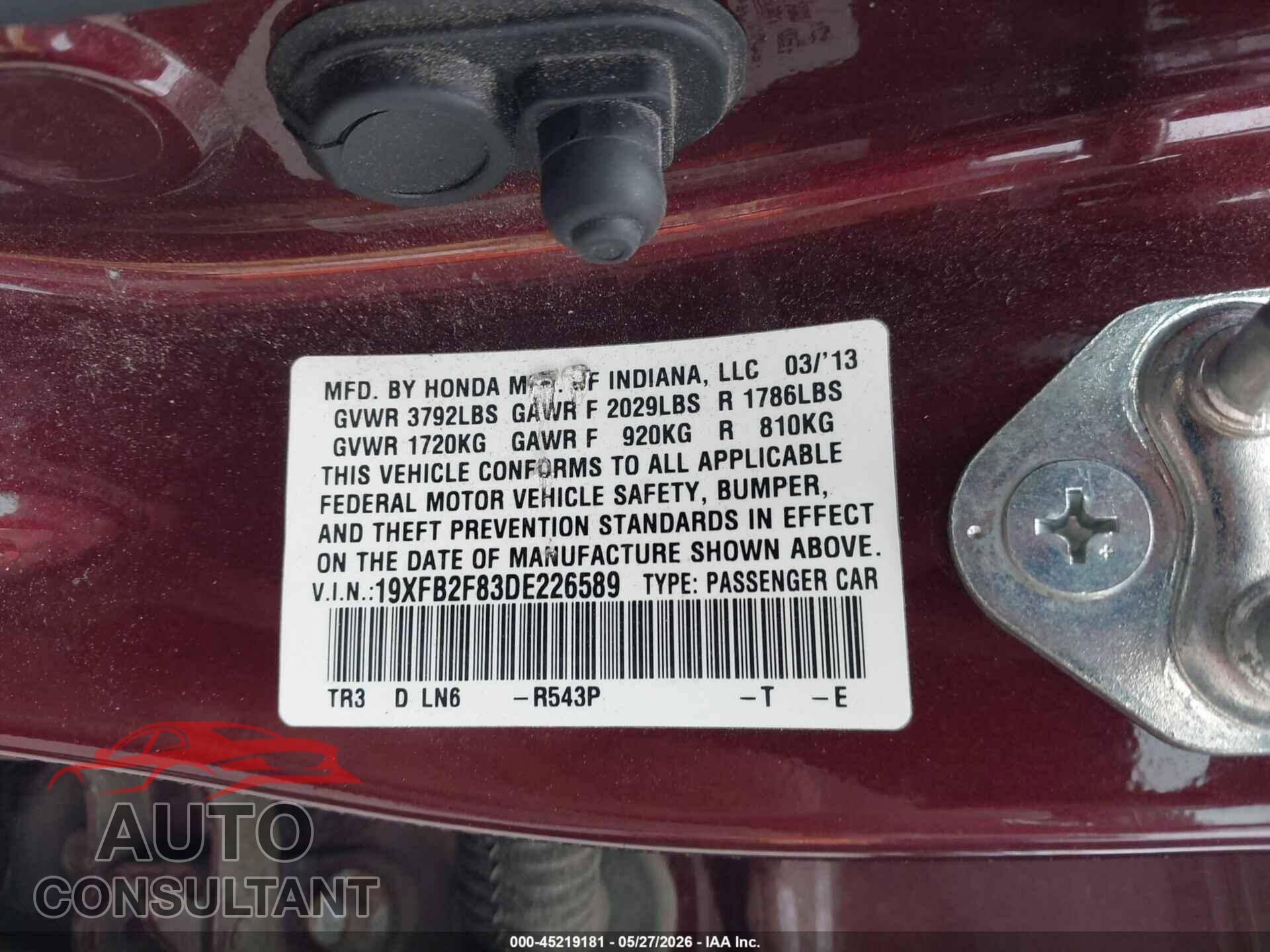 HONDA CIVIC 2013 - 19XFB2F83DE226589