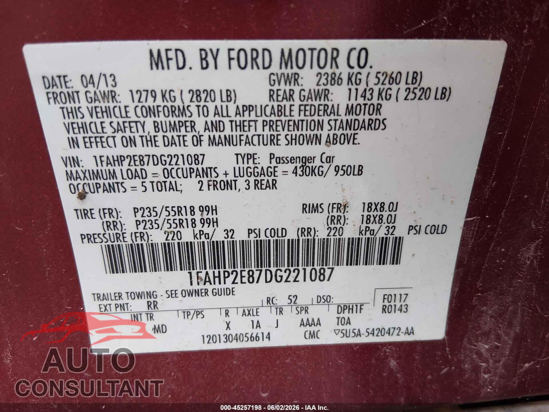 FORD TAURUS 2013 - 1FAHP2E87DG221087