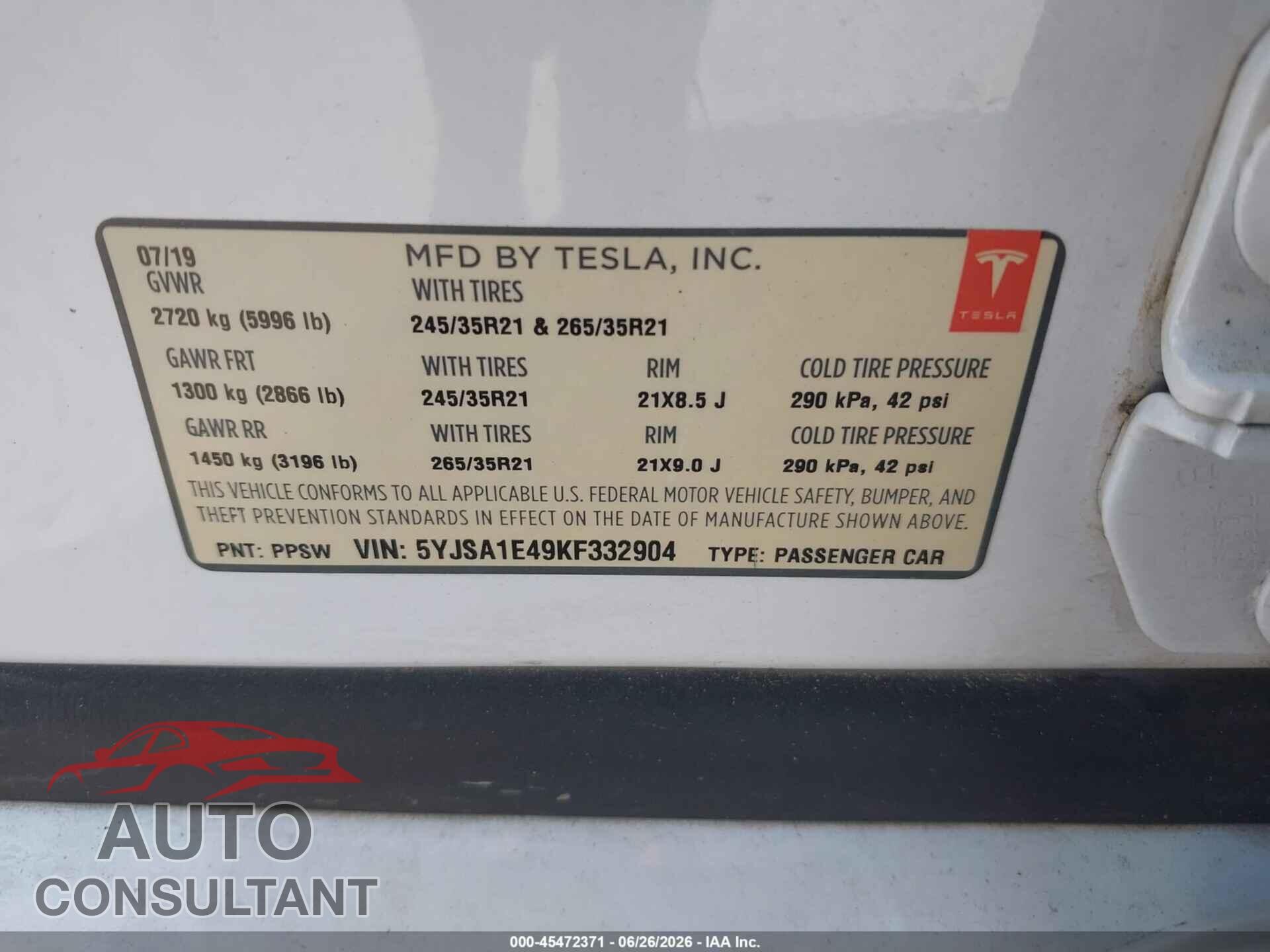 TESLA MODEL S 2019 - 5YJSA1E49KF332904