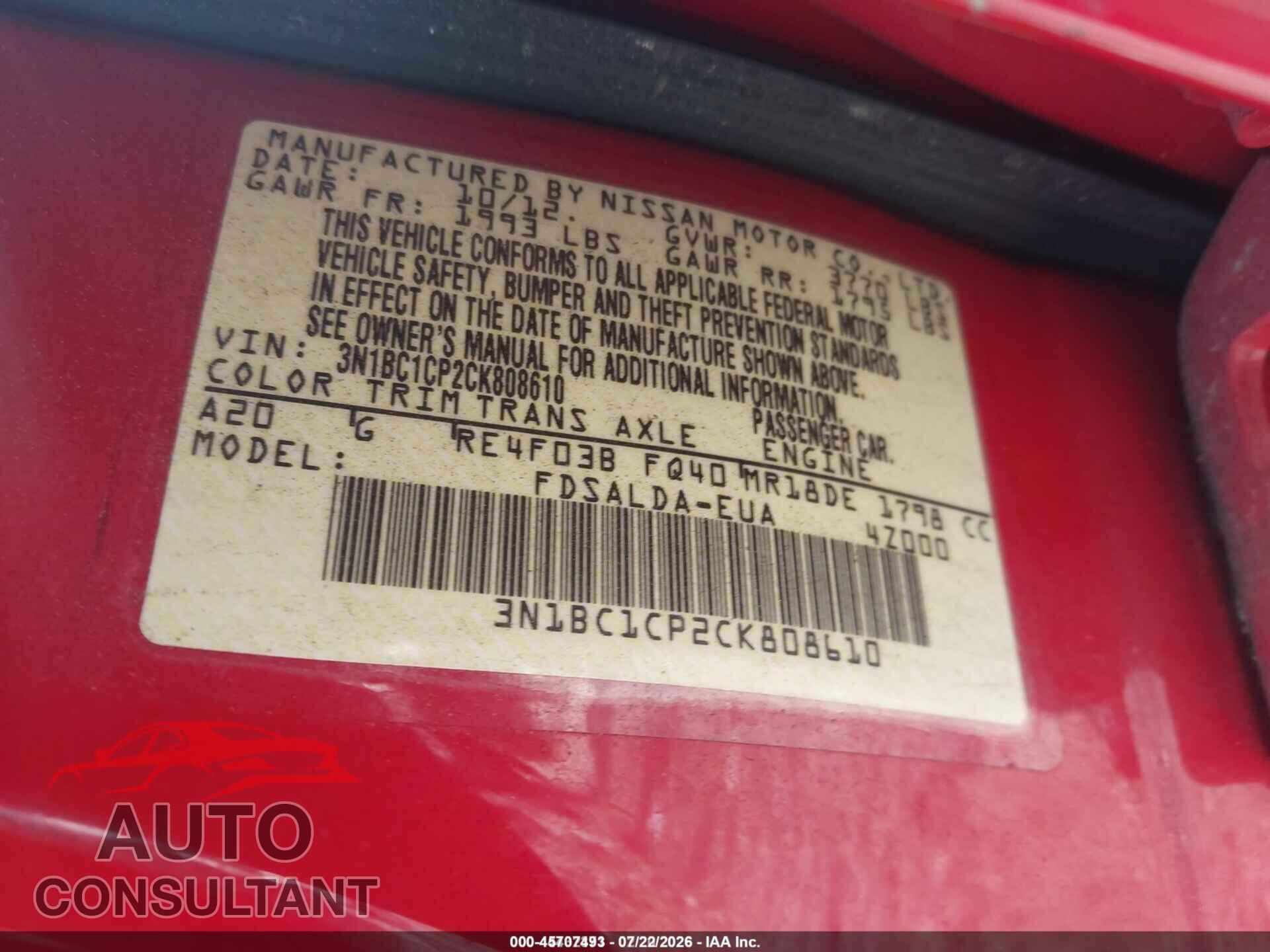 NISSAN VERSA 2012 - 3N1BC1CP2CK808610