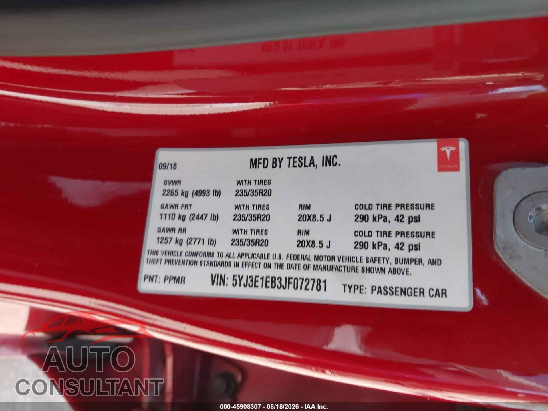TESLA MODEL 3 2018 - 5YJ3E1EB3JF072781