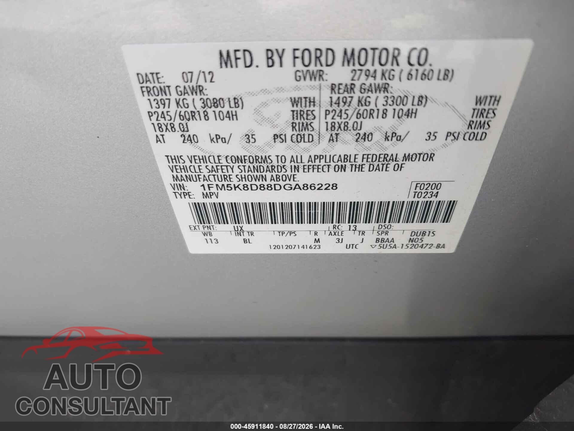 FORD EXPLORER 2013 - 1FM5K8D88DGA86228