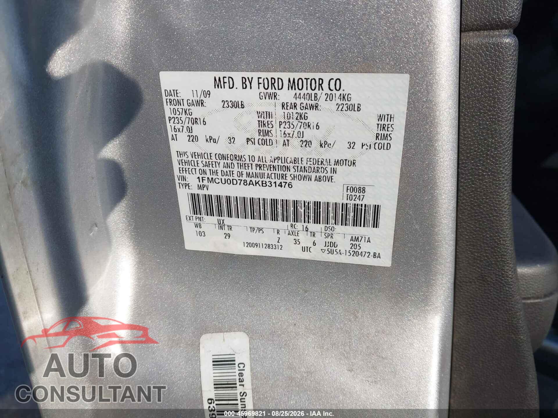 FORD ESCAPE 2010 - 1FMCU0D78AKB31476