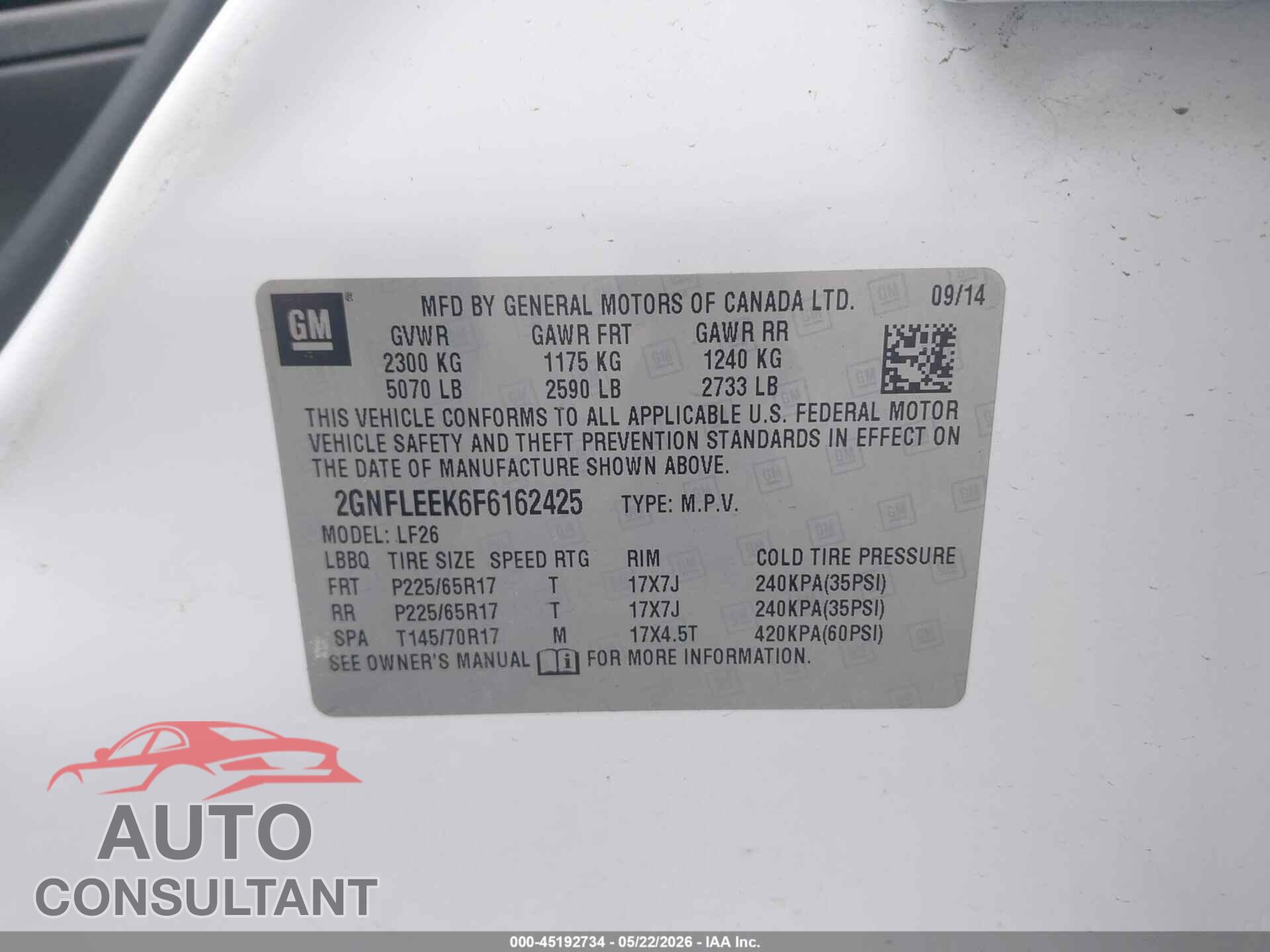 CHEVROLET EQUINOX 2015 - 2GNFLEEK6F6162425
