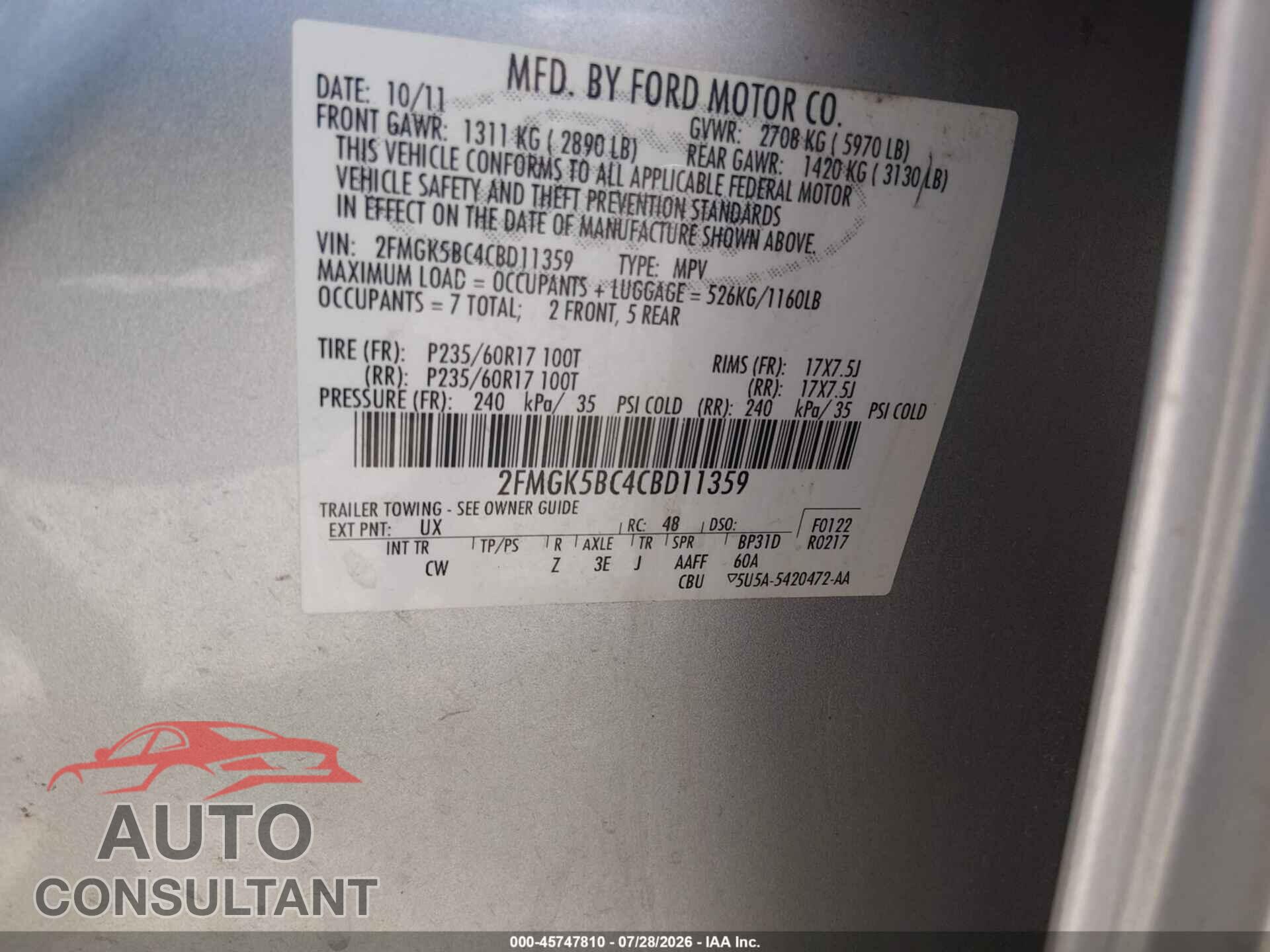 FORD FLEX 2012 - 2FMGK5BC4CBD11359