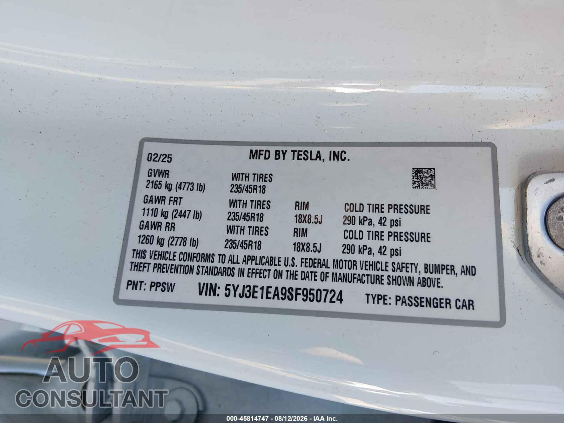 TESLA MODEL 3 2025 - 5YJ3E1EA9SF950724