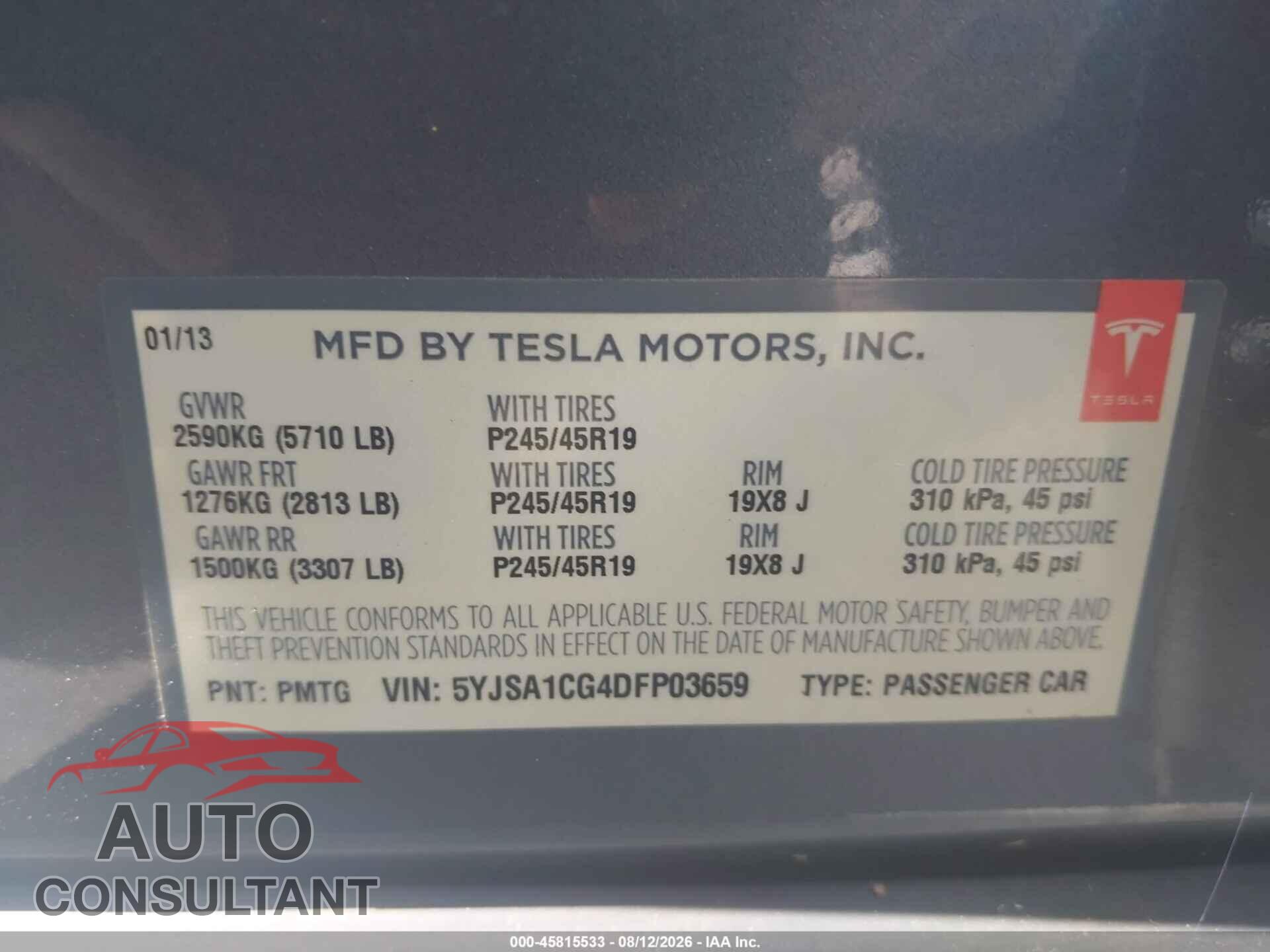 TESLA MODEL S 2013 - 5YJSA1CG4DFP03659