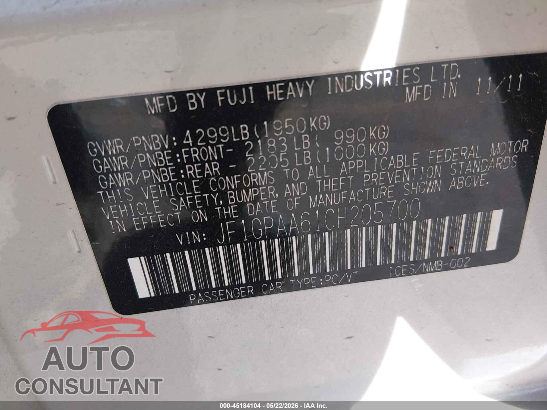 SUBARU IMPREZA 2012 - JF1GPAA61CH205700