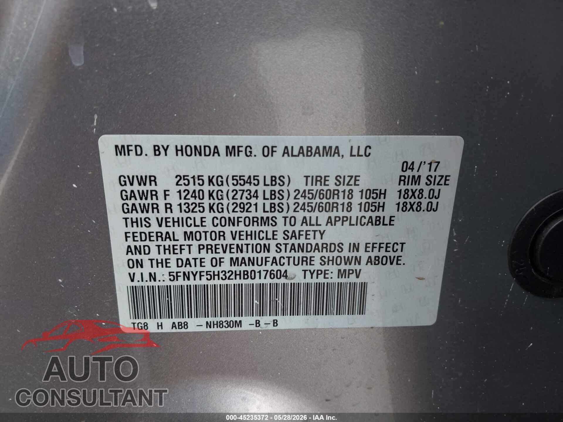 HONDA PILOT 2017 - 5FNYF5H32HB017604