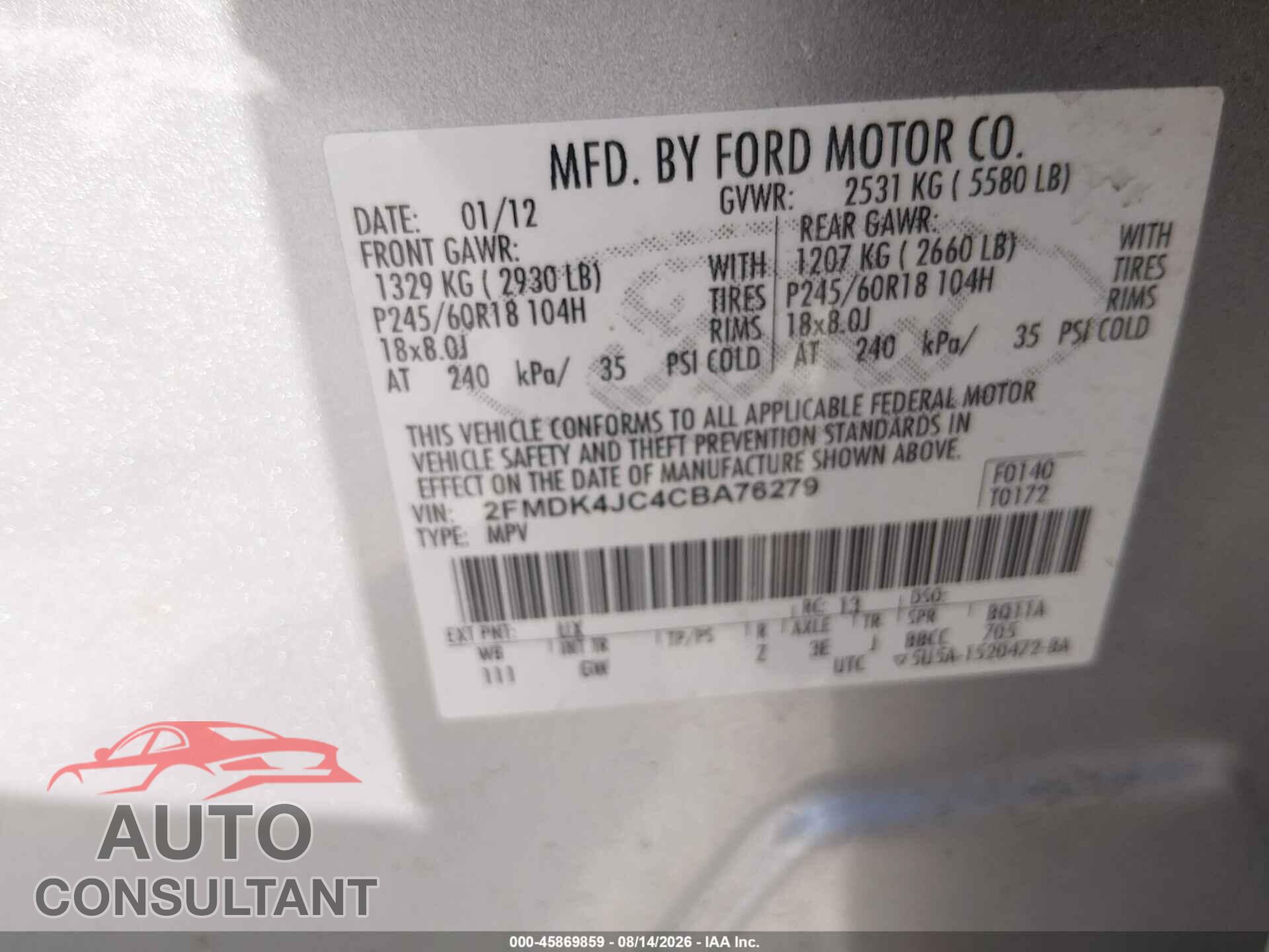 FORD EDGE 2012 - 2FMDK4JC4CBA76279