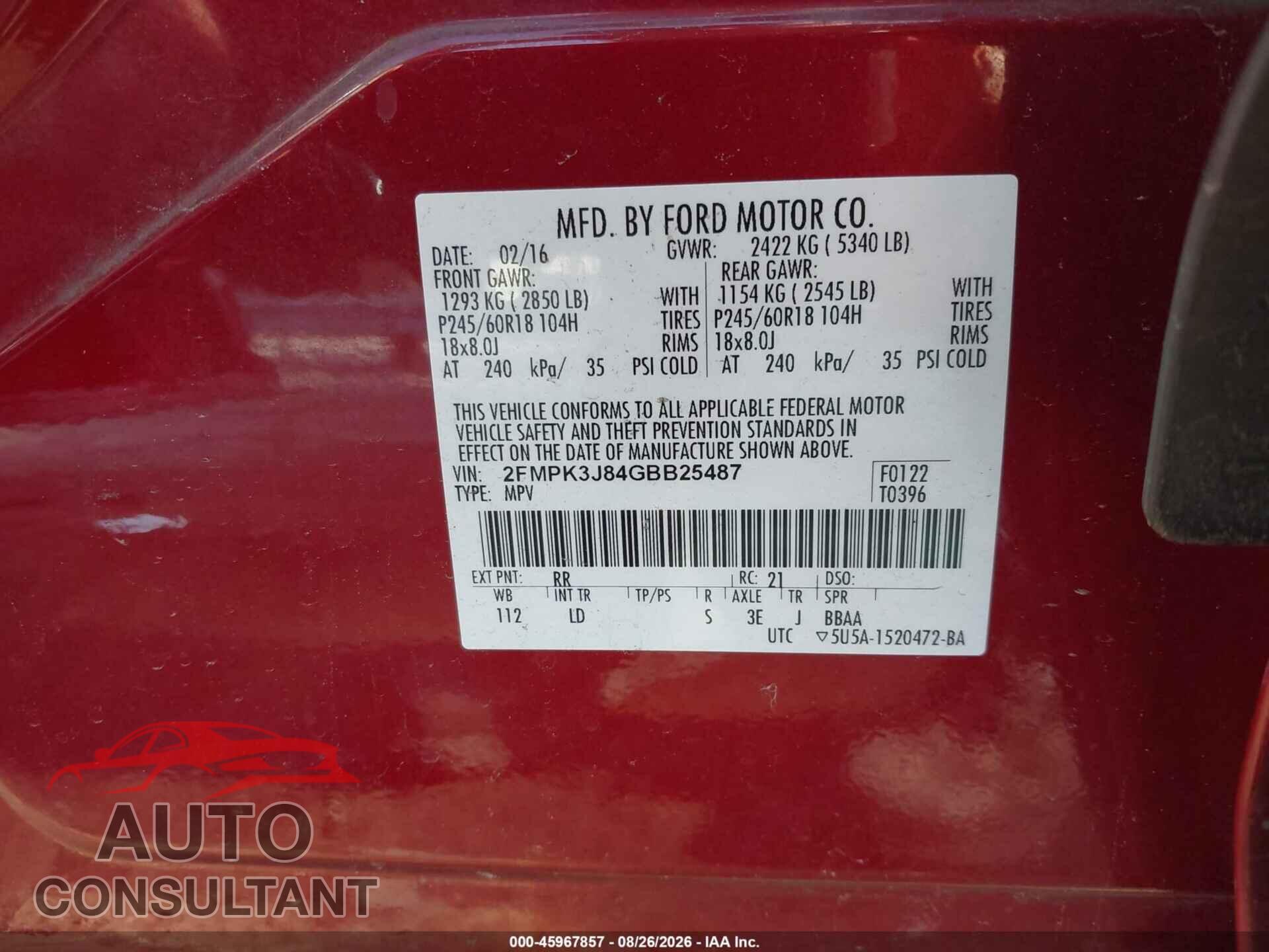 FORD EDGE 2016 - 2FMPK3J84GBB25487