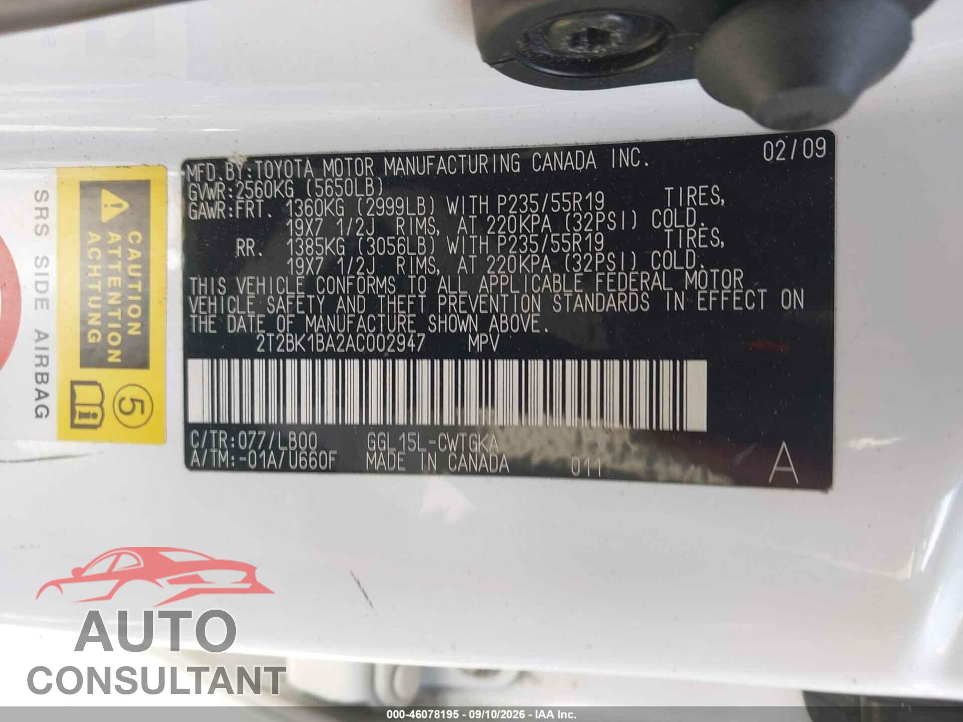 LEXUS RX 350 2010 - 2T2BK1BA2AC002947