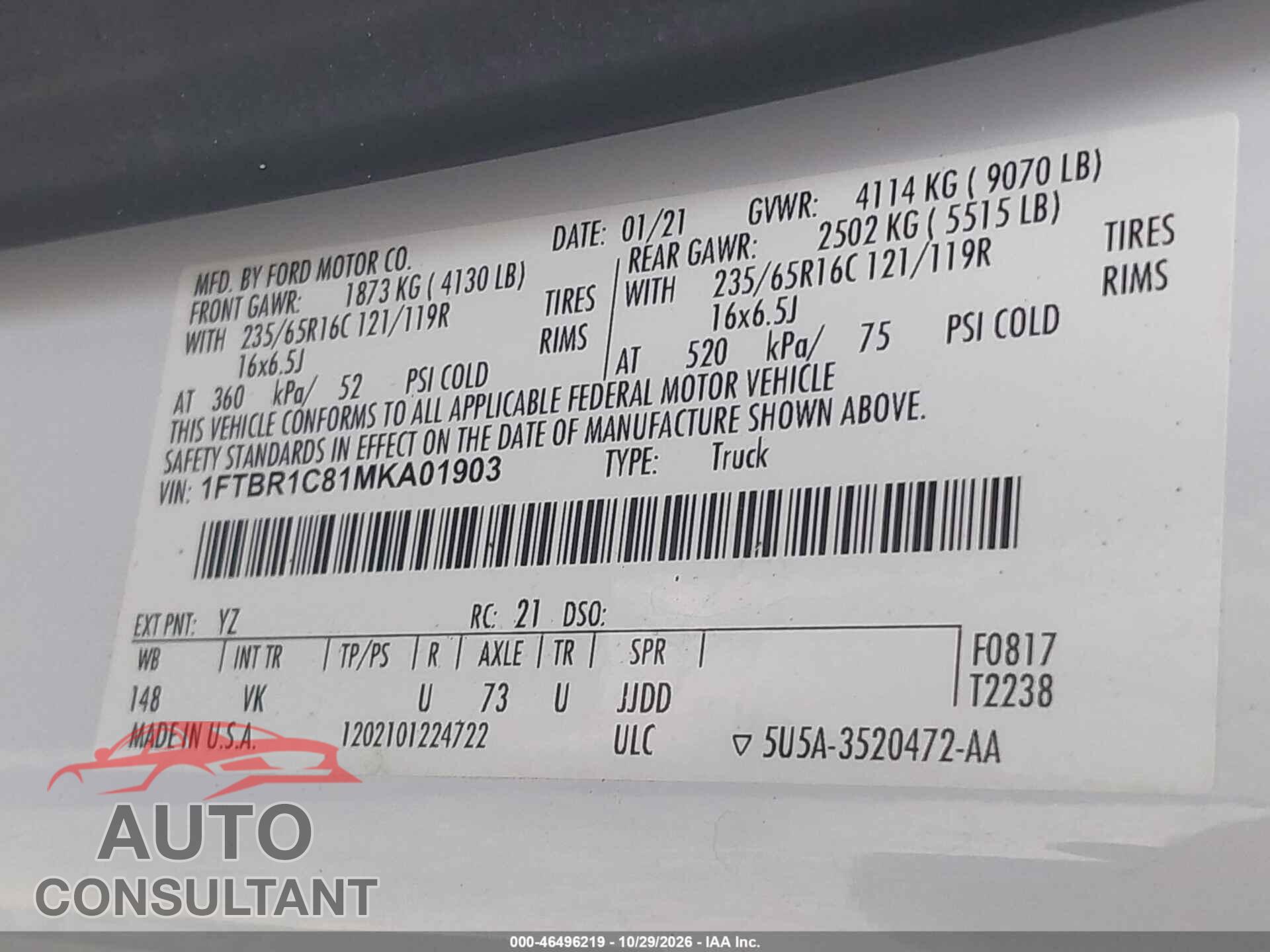 FORD TRANSIT-250 2021 - 1FTBR1C81MKA01903