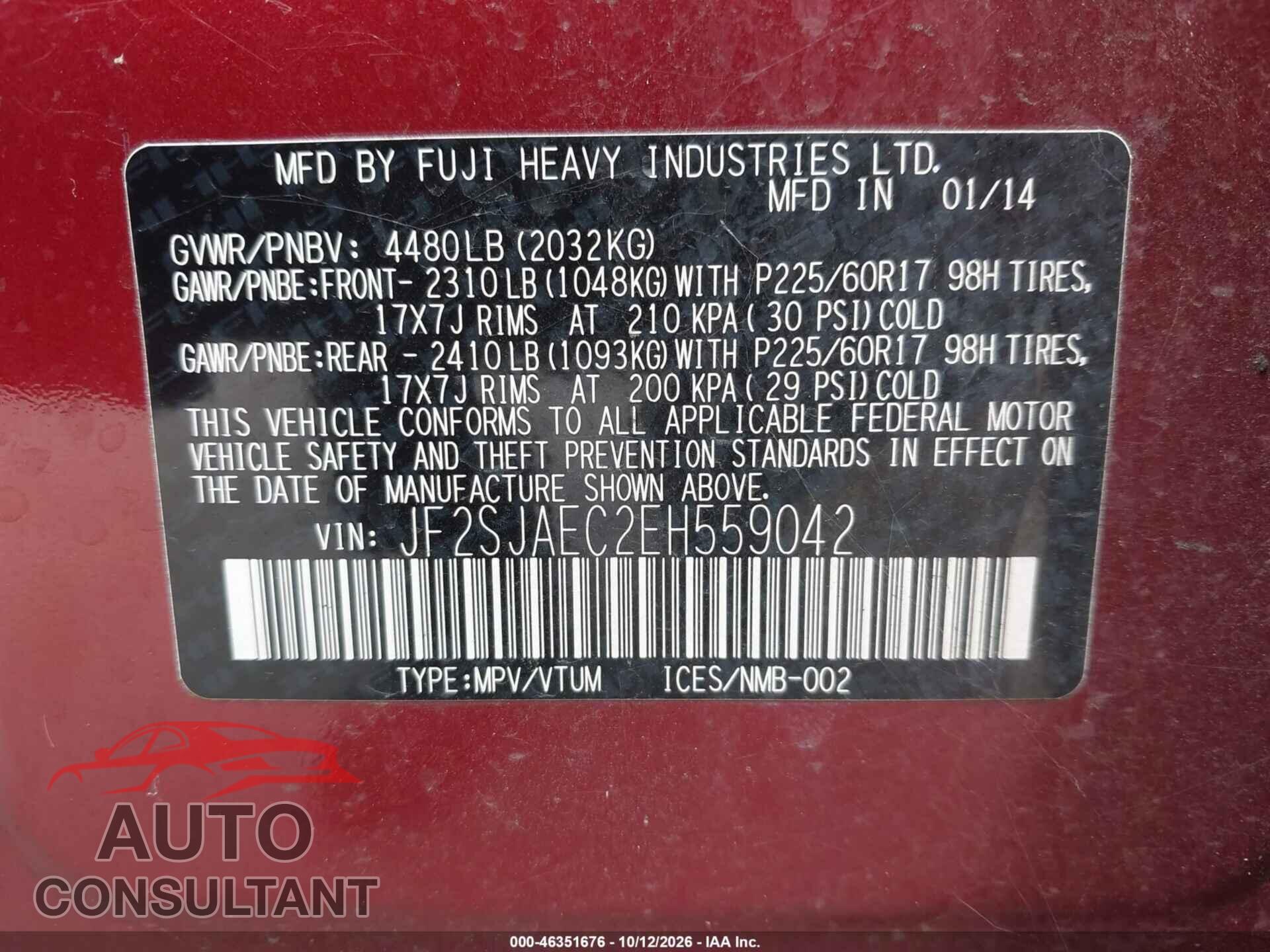 SUBARU FORESTER 2014 - JF2SJAEC2EH559042