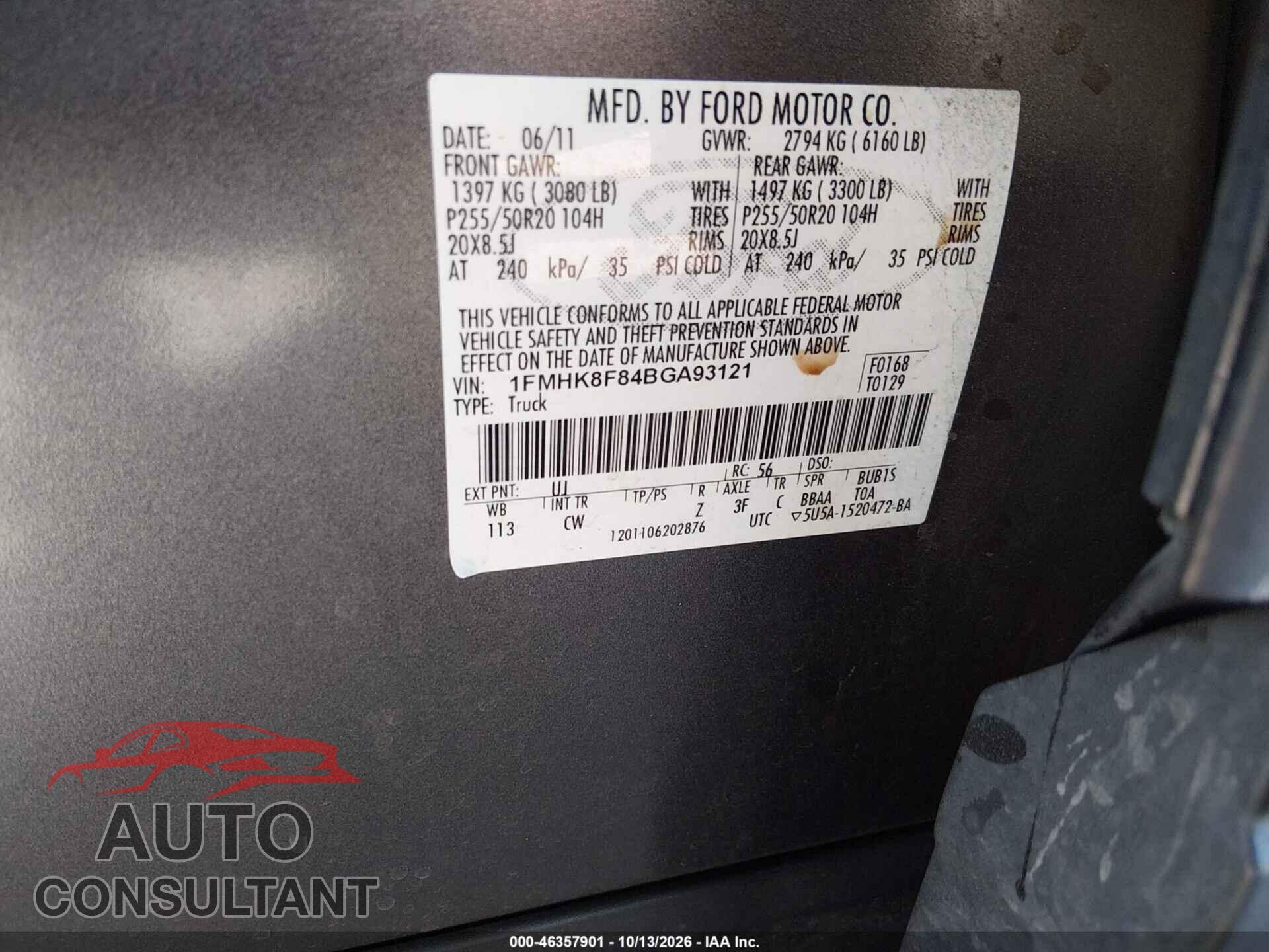 FORD EXPLORER 2011 - 1FMHK8F84BGA93121