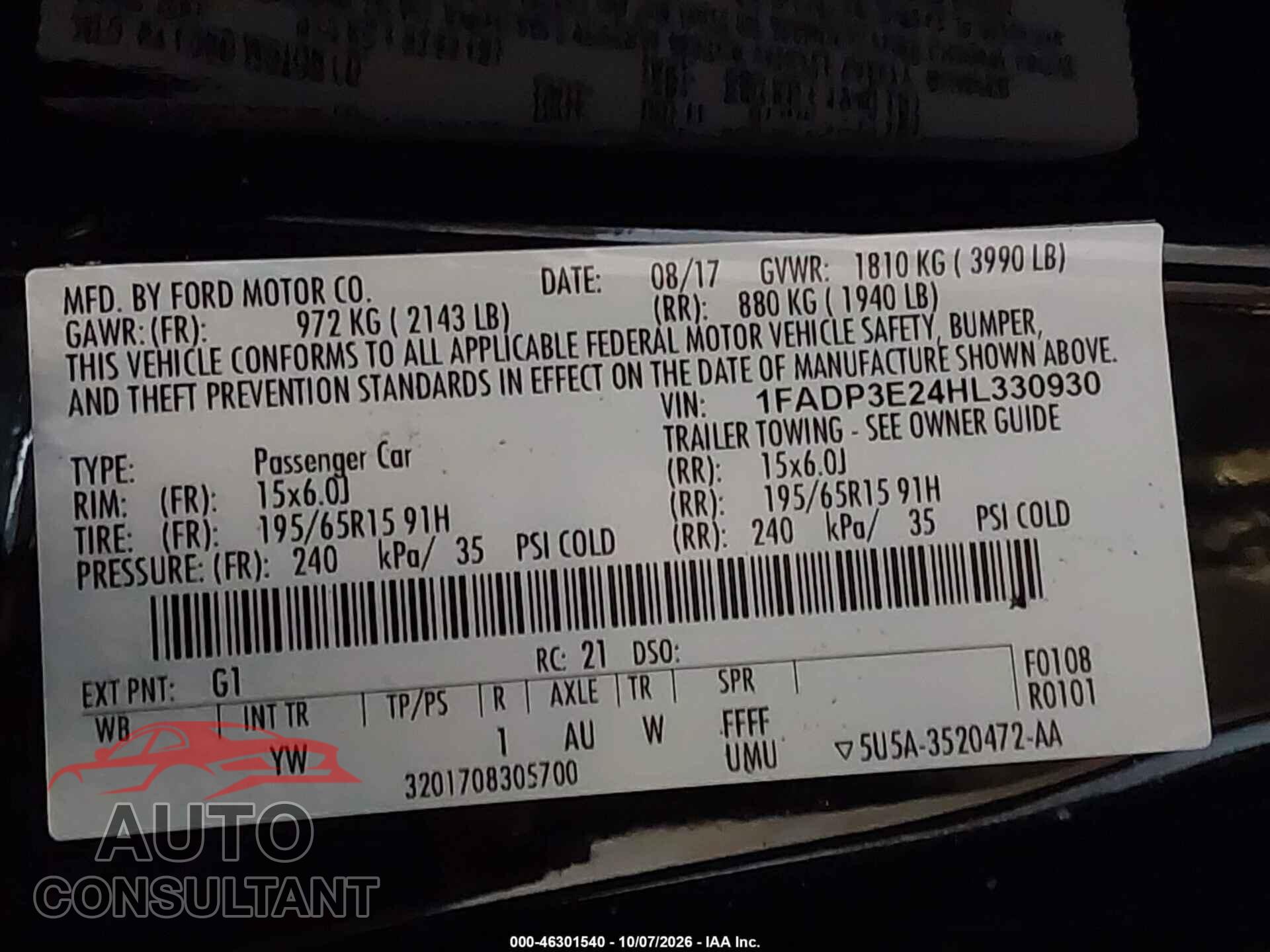 FORD FOCUS 2017 - 1FADP3E24HL330930