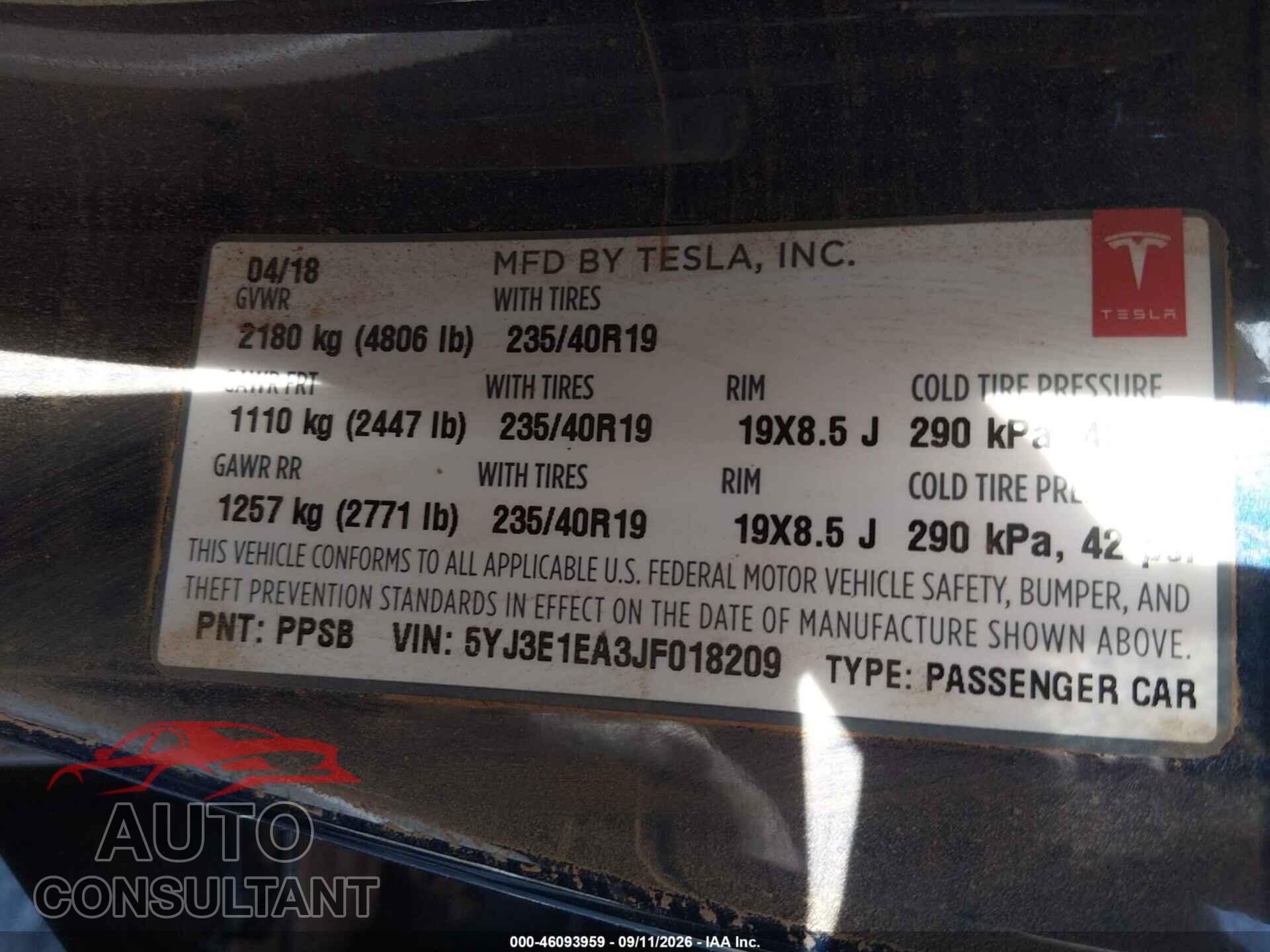 TESLA MODEL 3 2018 - 5YJ3E1EA3JF018209