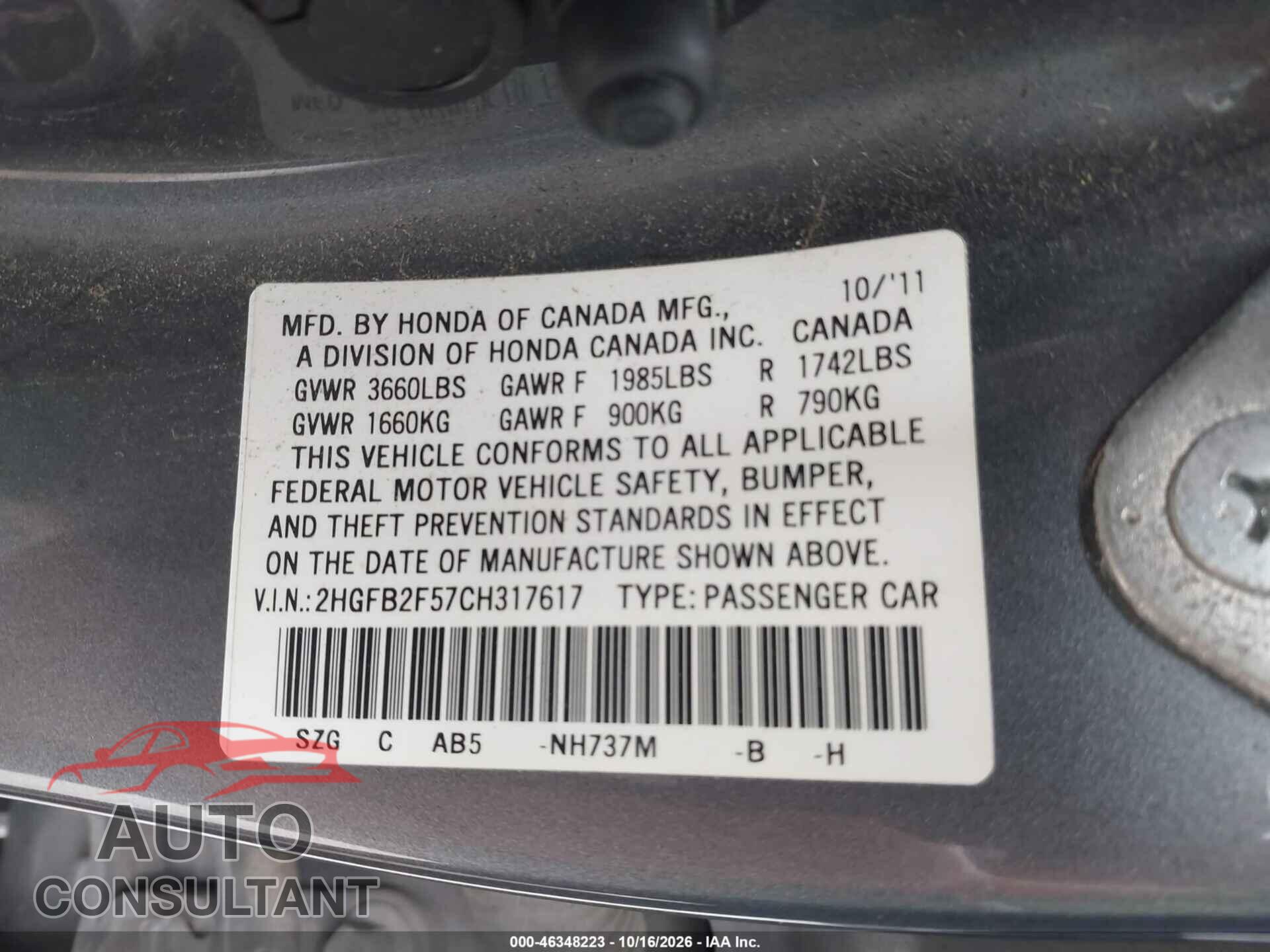 HONDA CIVIC 2012 - 2HGFB2F57CH317617