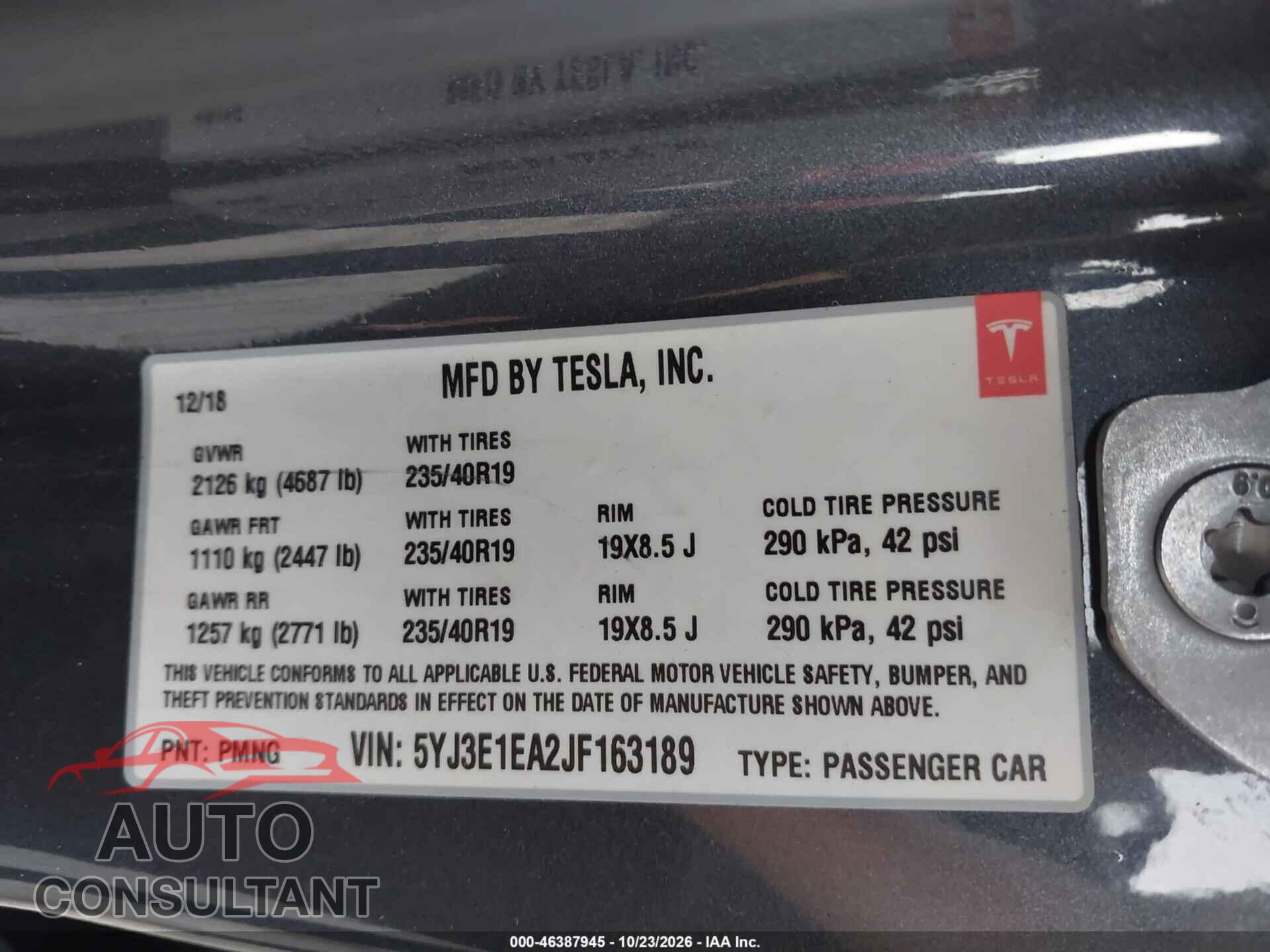 TESLA MODEL 3 2018 - 5YJ3E1EA2JF163189
