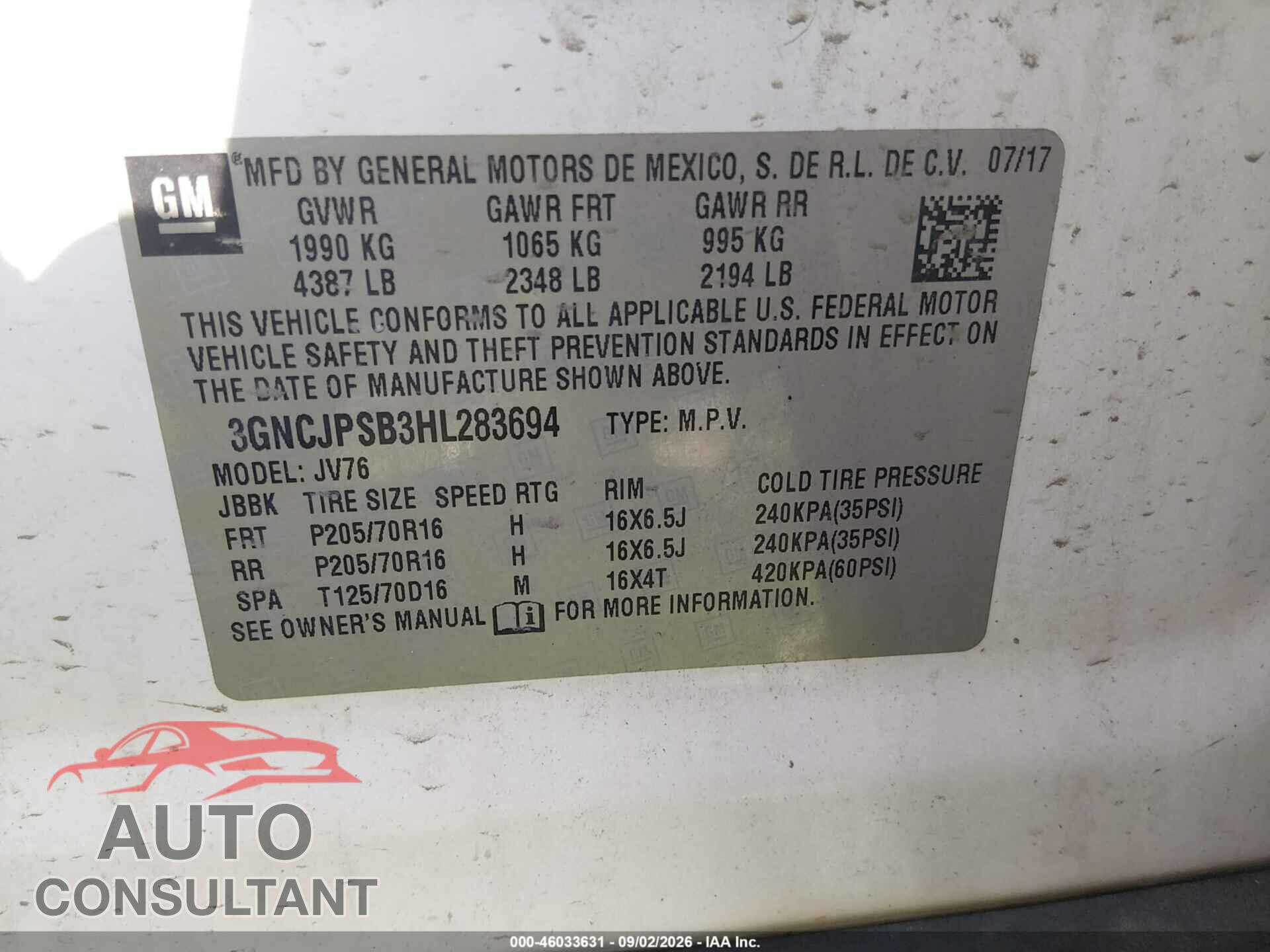 CHEVROLET TRAX 2017 - 3GNCJPSB3HL283694